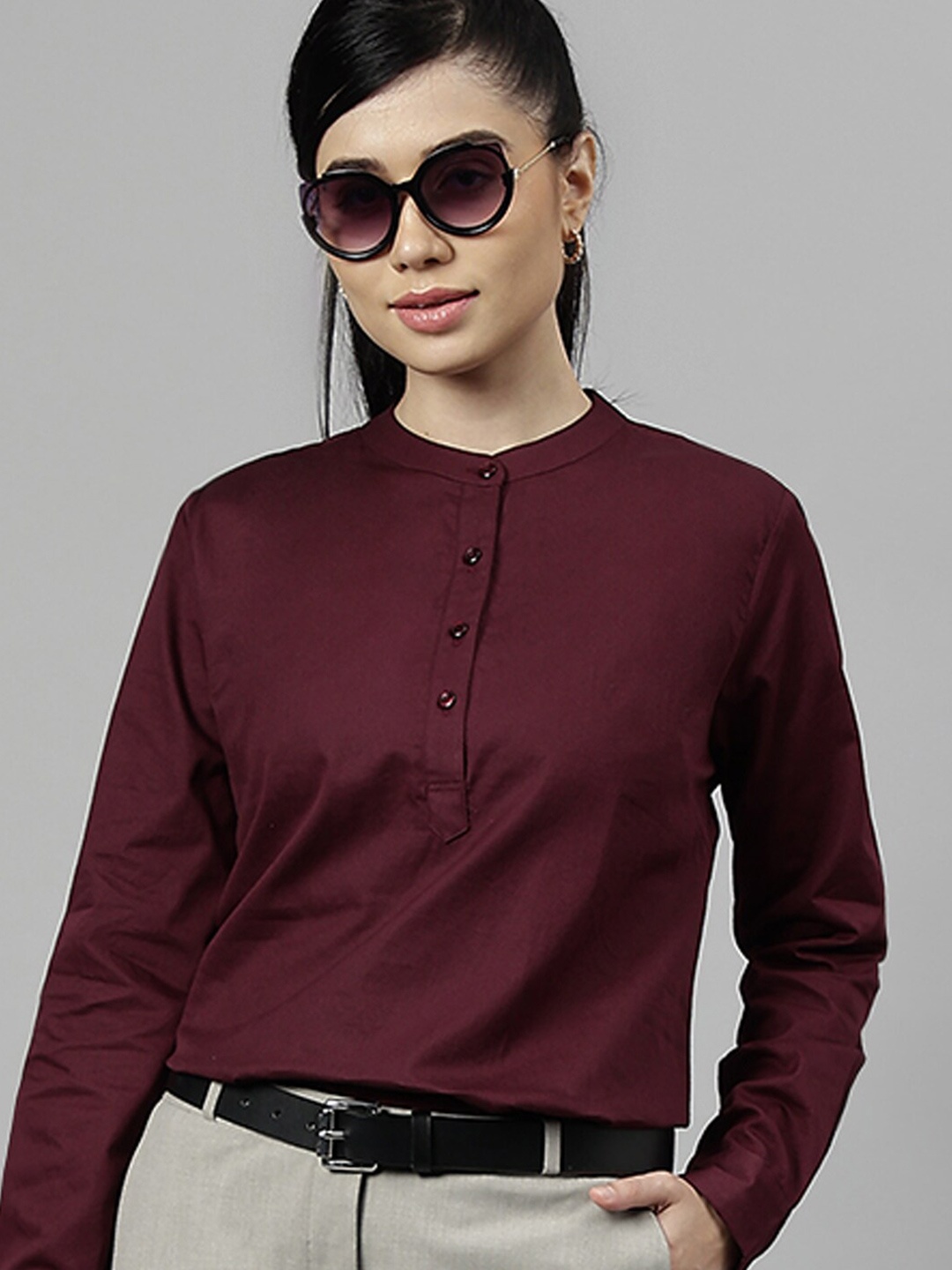 

Hancock Band Collar Pure Cotton Regular Shirt Style Top, Burgundy