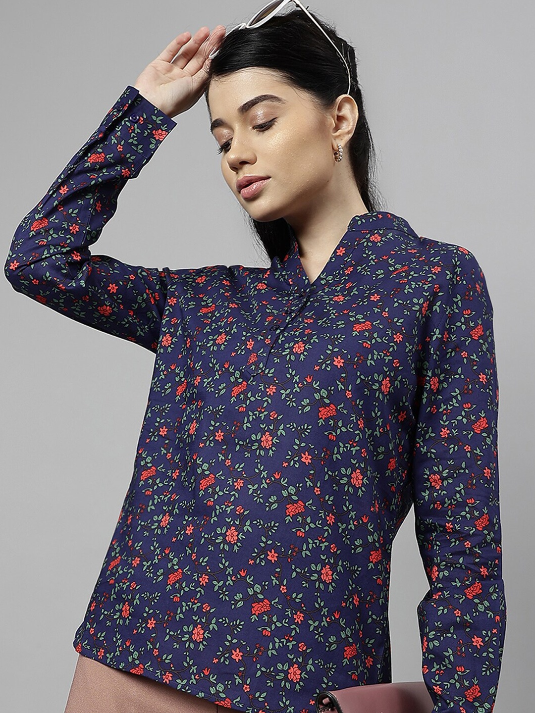 

Hancock Floral Printed Mandarin Collar Cotton Regular Shirt Style Top, Navy blue