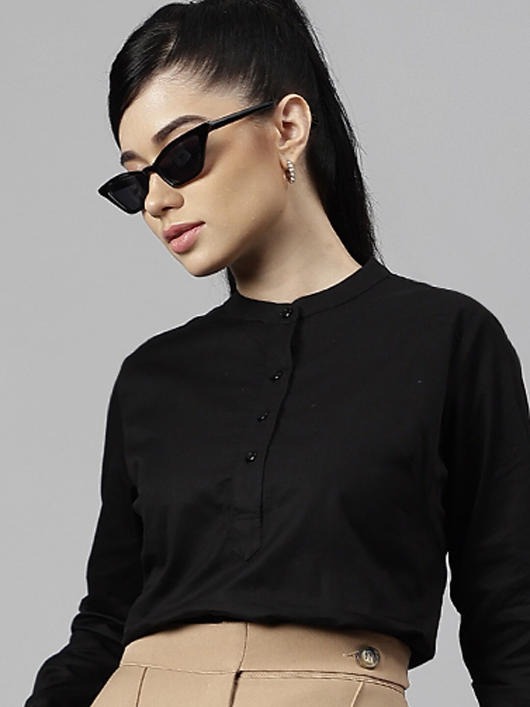 

Hancock Band Collar Pure Cotton Regular Shirt Style Top, Black