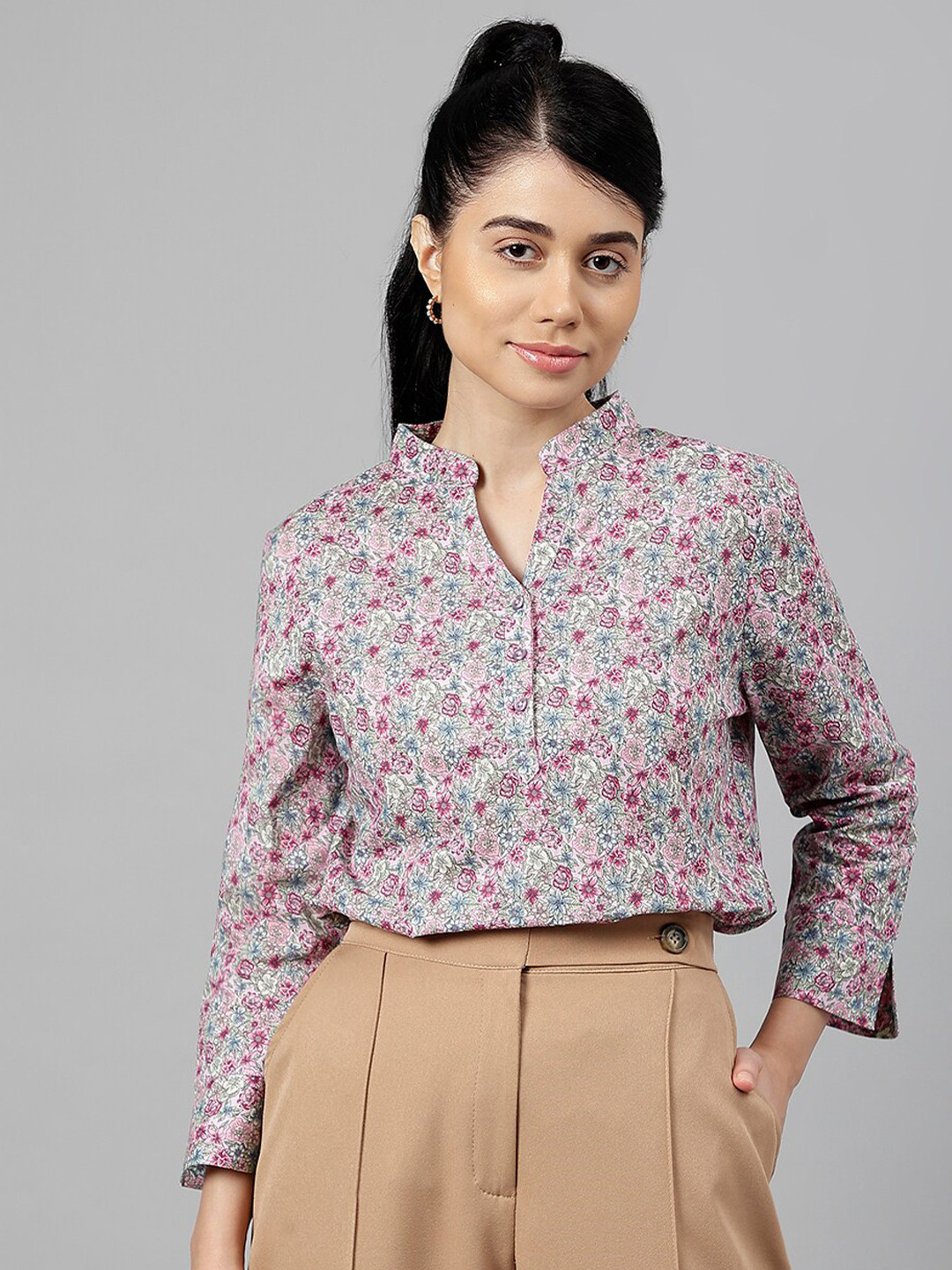 

Hancock Floral Printed Mandarin Collar Cotton Top, Pink