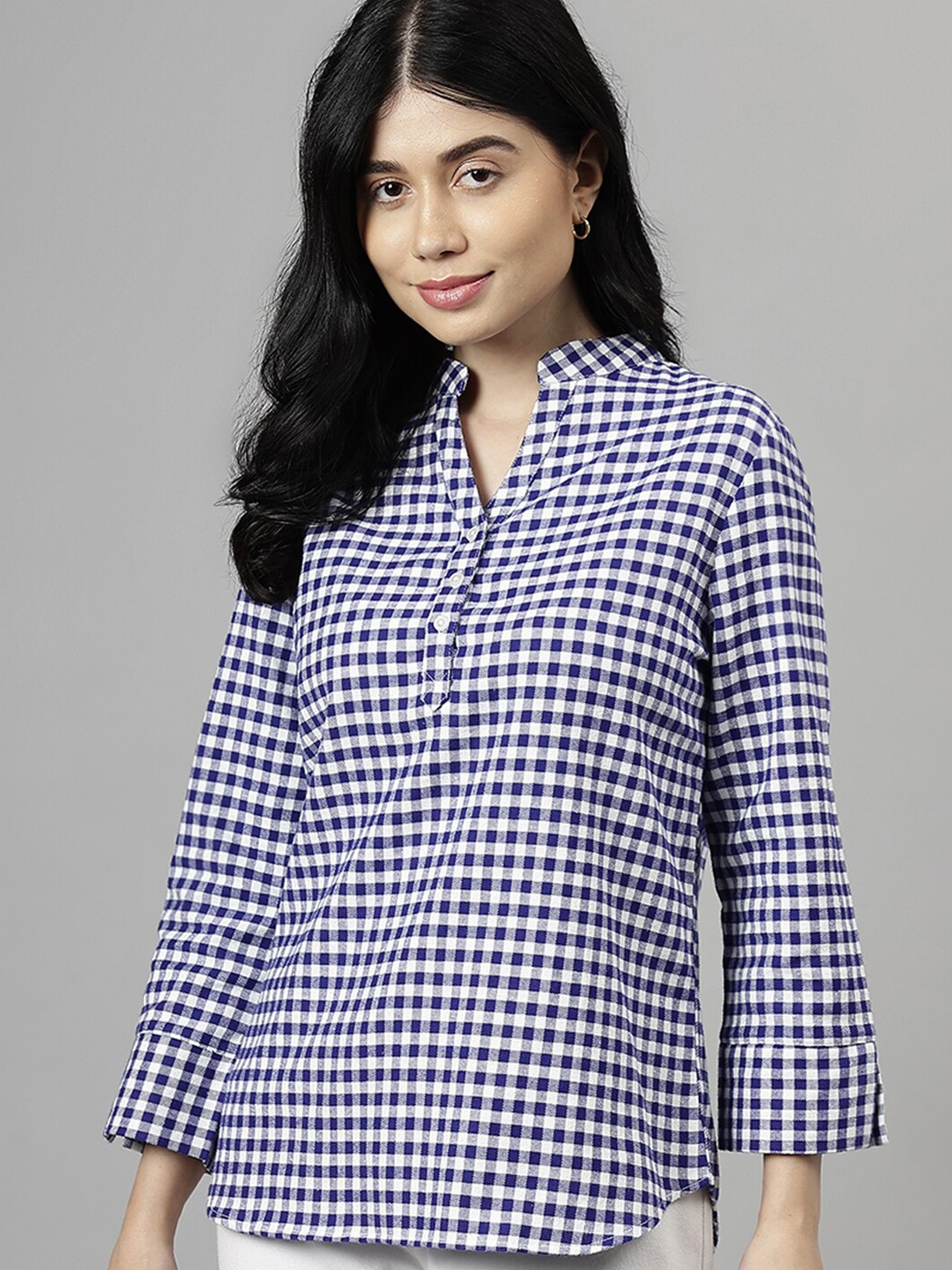 

Hancock Women Gingham Checked Pure Cotton Regular Fit Formal Top, Blue