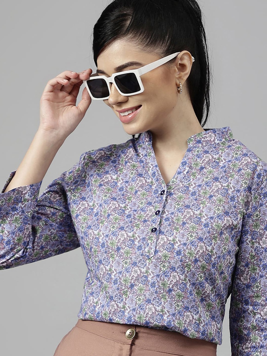 

Hancock Floral Printed Mandarin Collar Cotton Top, Blue