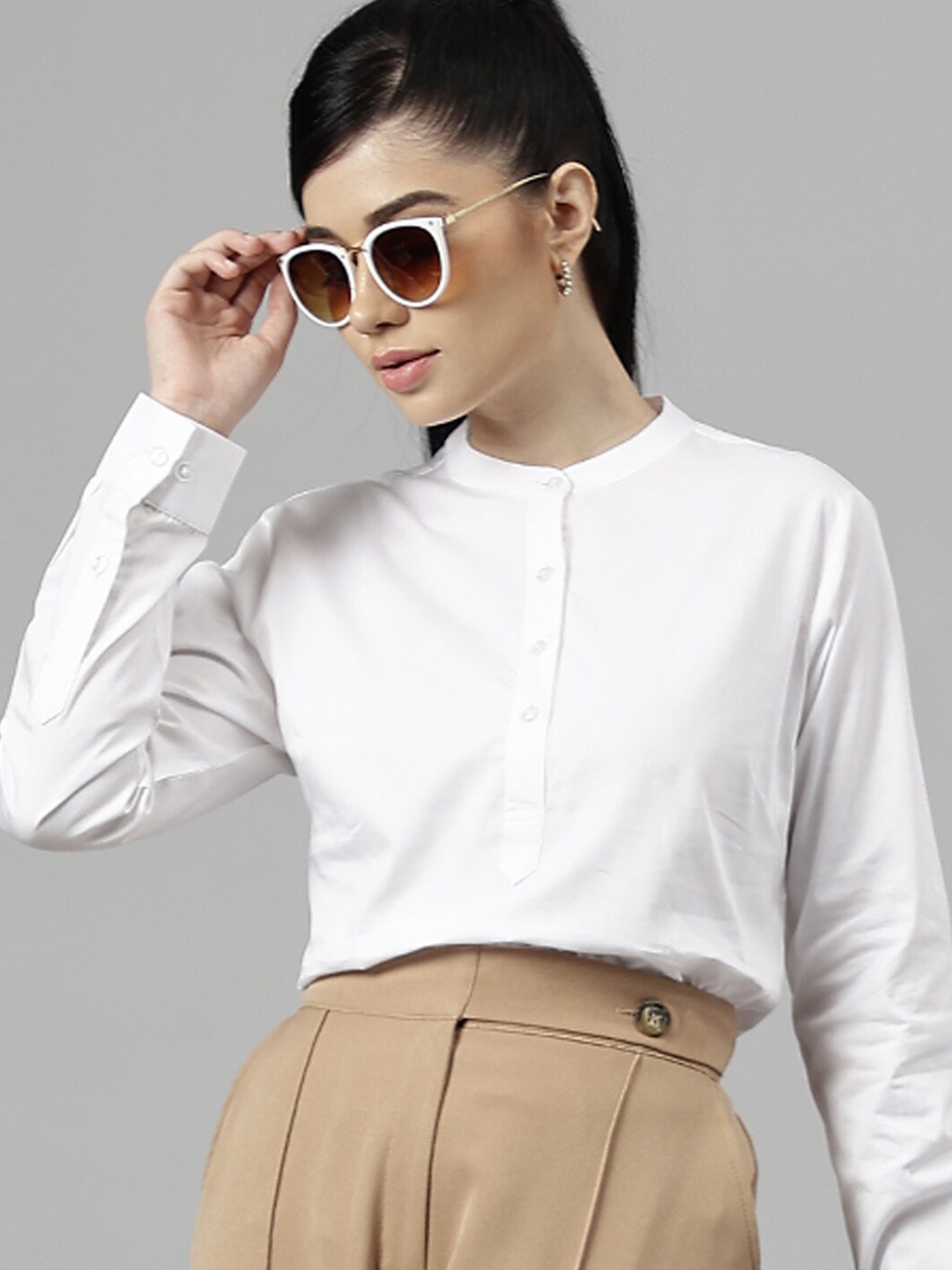 

Hancock Band Collar Cuffed Sleeves Cotton Shirt Style Formal Top, White