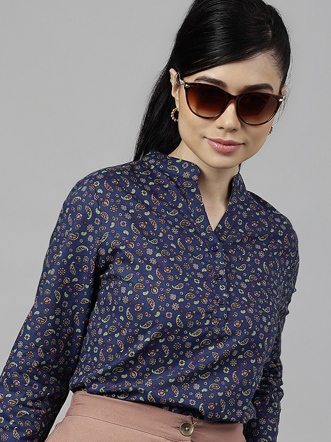 

Hancock Pure Cotton Paisley Printed Mandarin Collar Formal Top, Navy blue