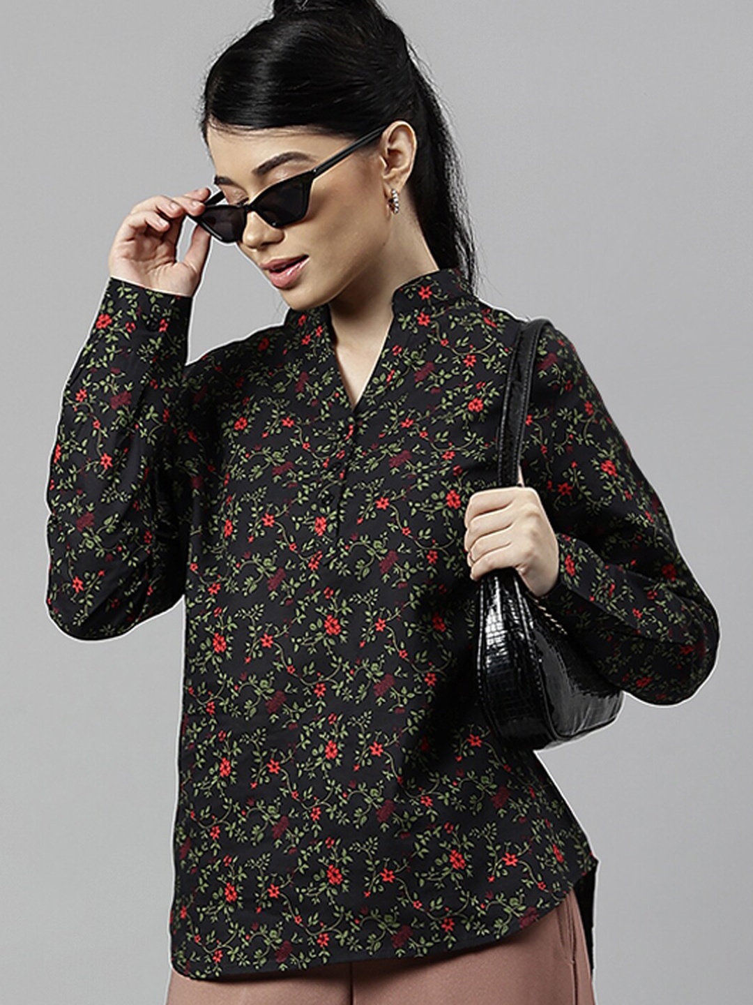 

Hancock Floral Printed Mandarin Collar Regular Sleeves Cotton Shirt Style Top, Black