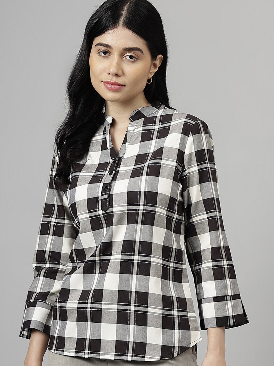 

Hancock Women Windowpane Checked Mandarin Collar Pure Cotton Formal Top, Black