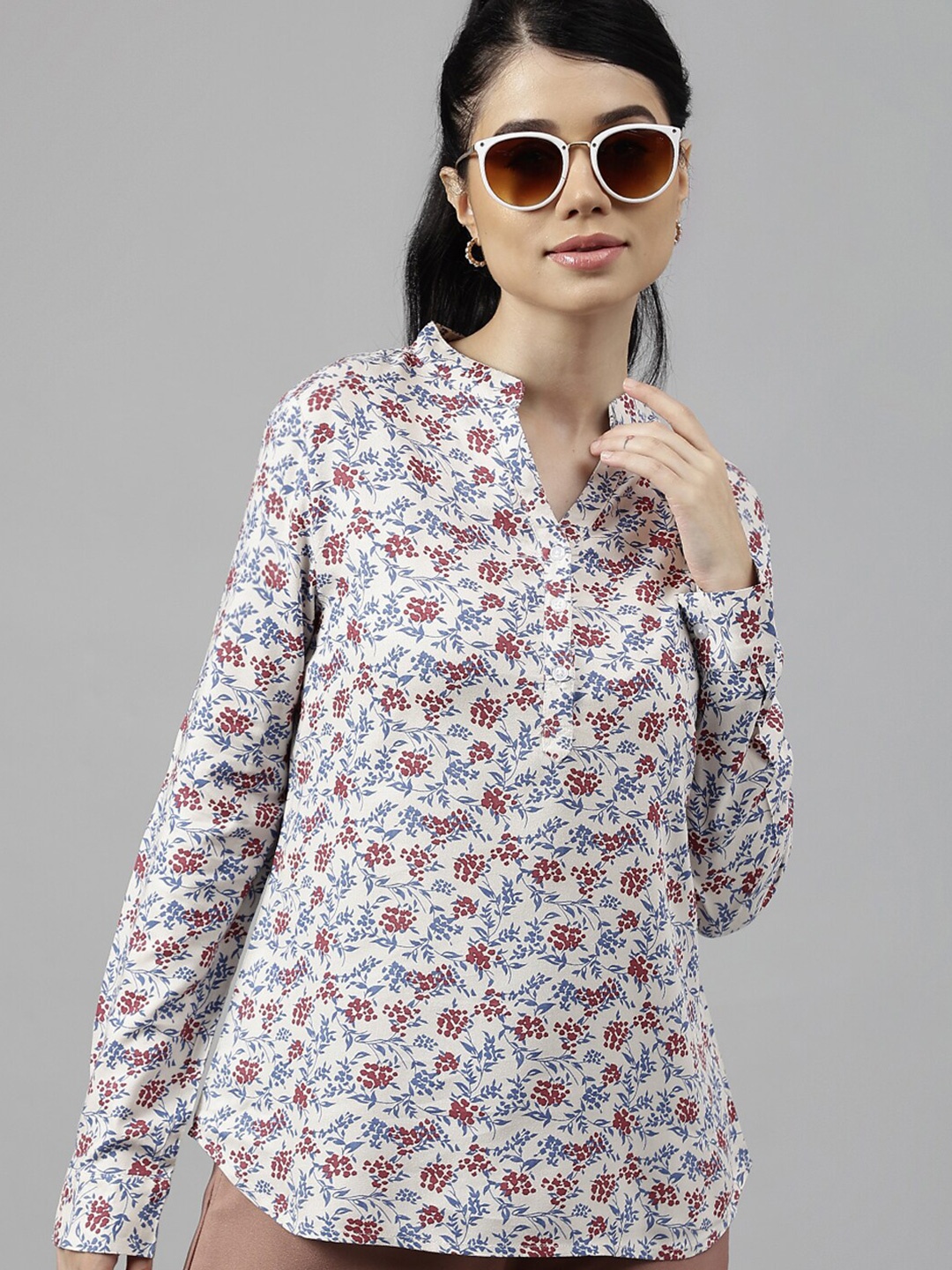 

Hancock Women Floral Printed High Low Shirt Style Formal Top, Beige