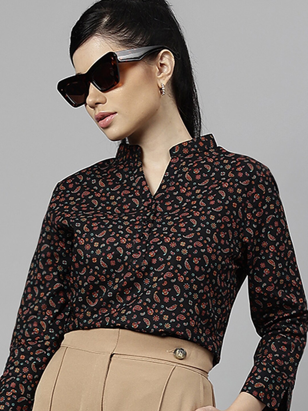 

Hancock Women Paisley Printed Pure Cotton Regular Fit Formal Top, Black