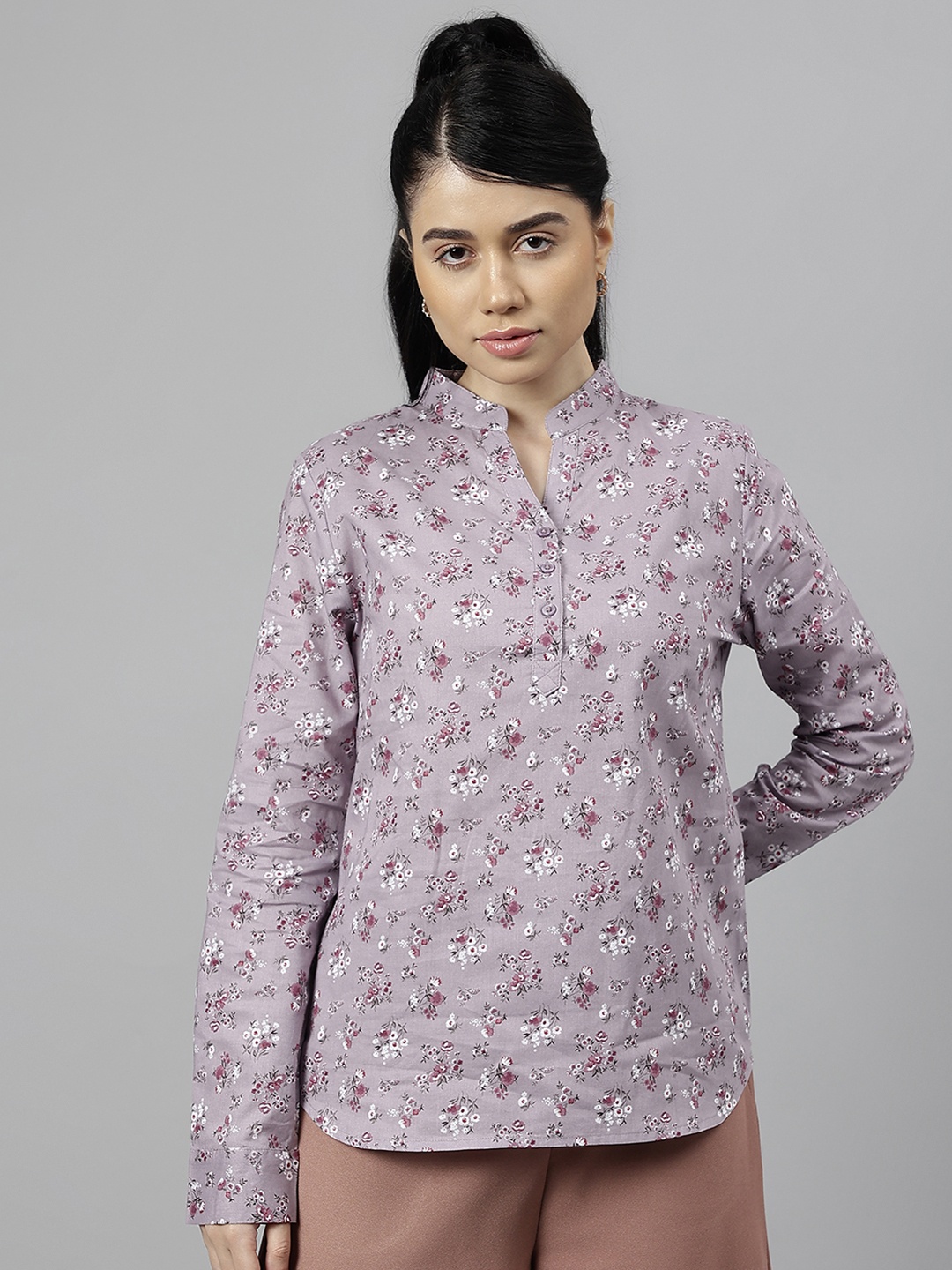 

Hancock Floral Printed Pure Cotton Cambric High Low Formal Top, Mauve