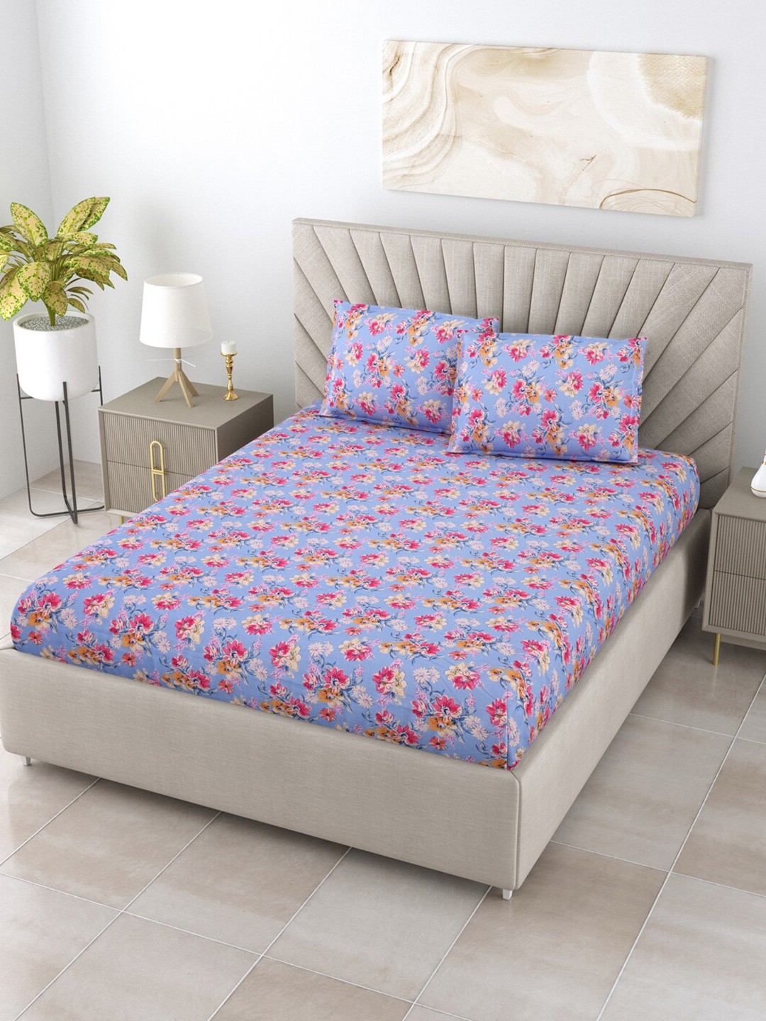 

BOMBAY DYEING Allure Blue & Pink Floral Cotton 120 TC Queen Bedsheet With 2 Pillow Covers