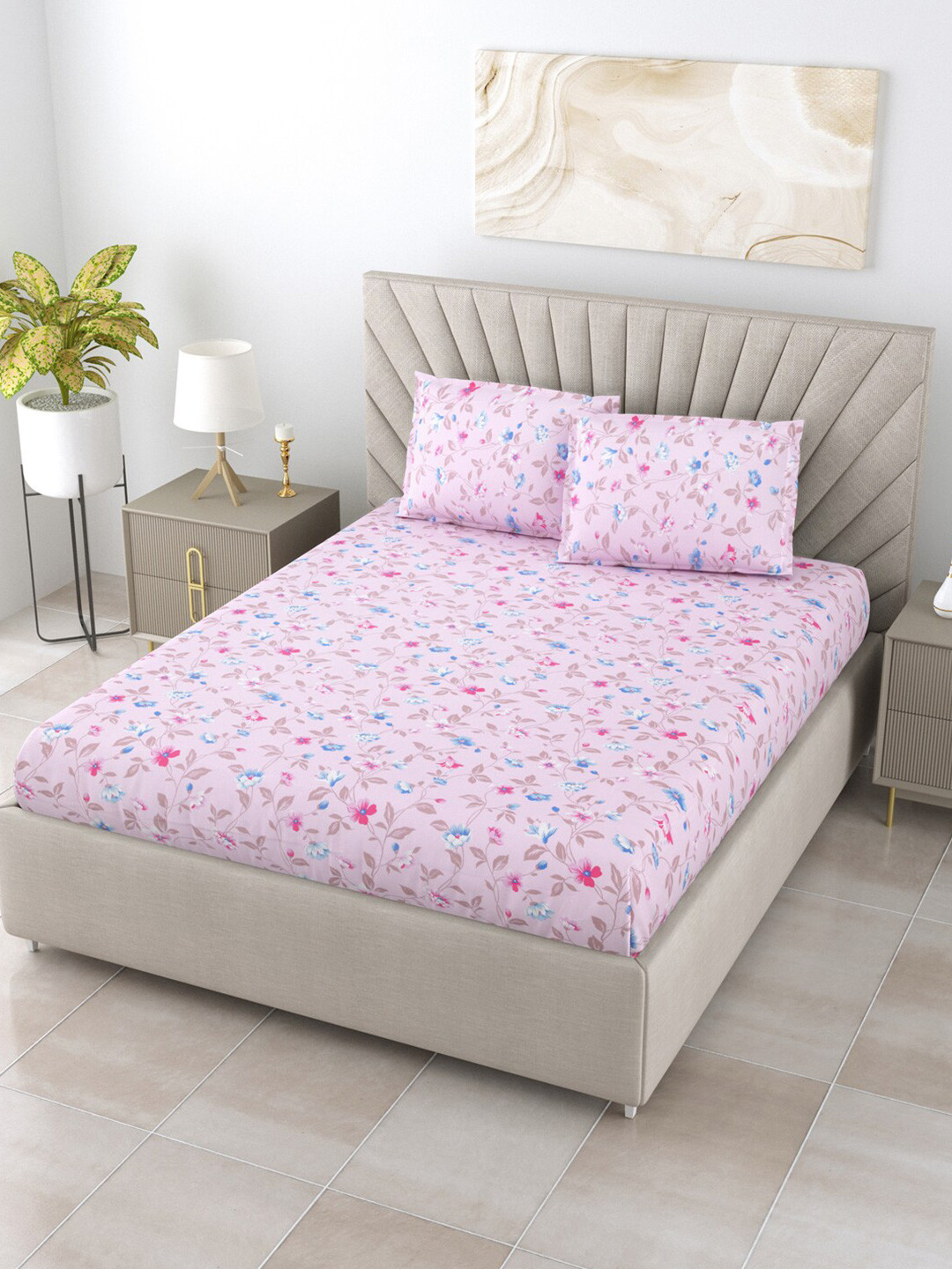 

BOMBAY DYEING Allure Pink & Blue Floral Cotton 120 TC Queen Bedsheet With 2 Pillow Covers