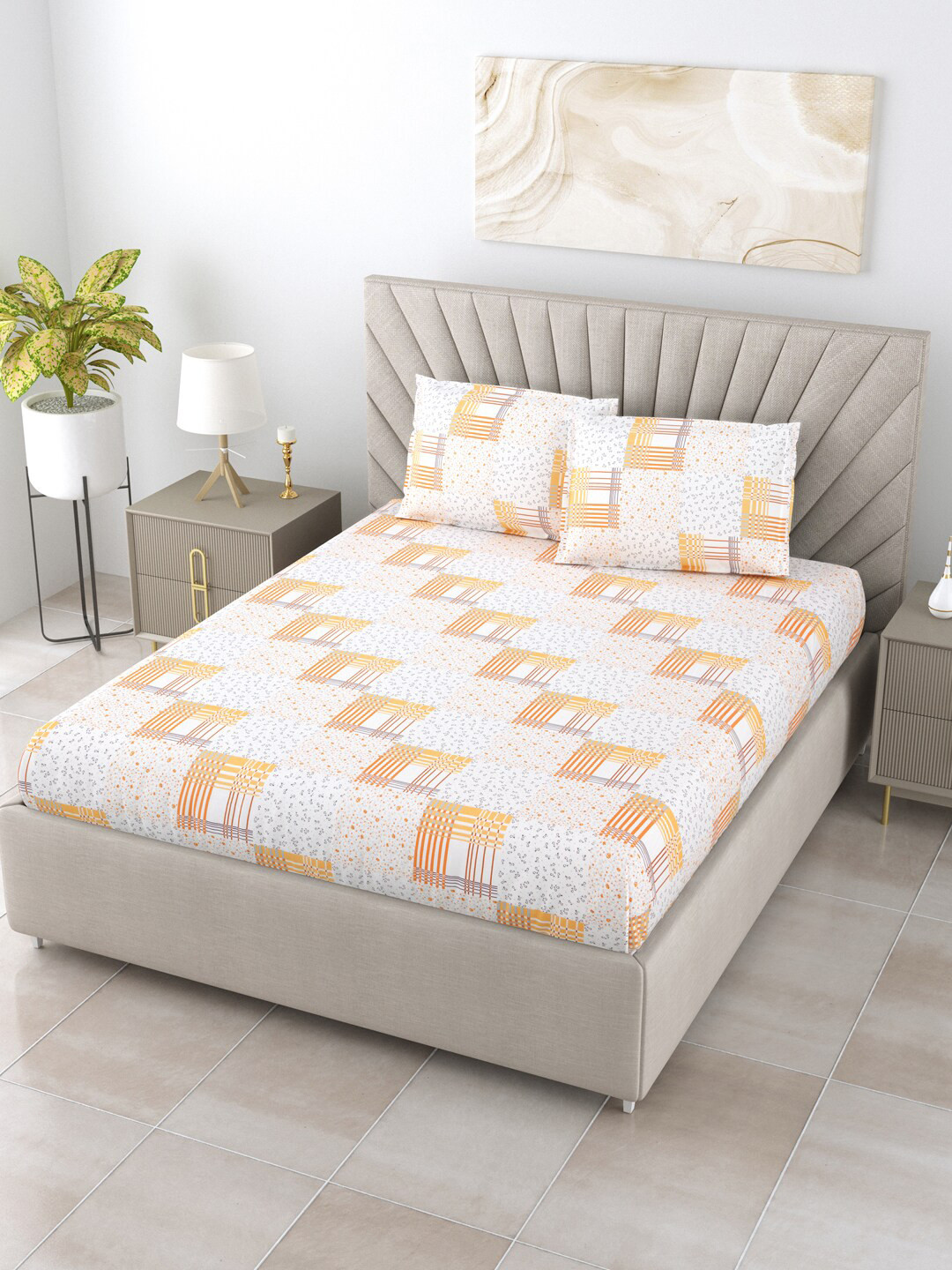 

BOMBAY DYEING Allure White & Yellow Pure Cotton 120 TC Queen Bedsheet with 2 Pillow Covers