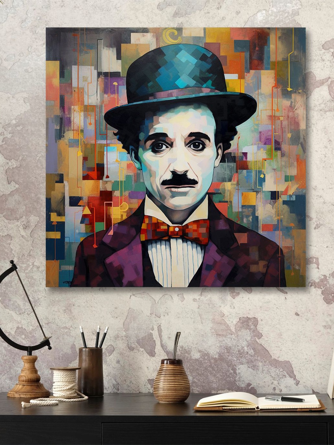 

SAF Blue & Purple Wooden Framed Charlie chaplin Canvas Painting Wall Art