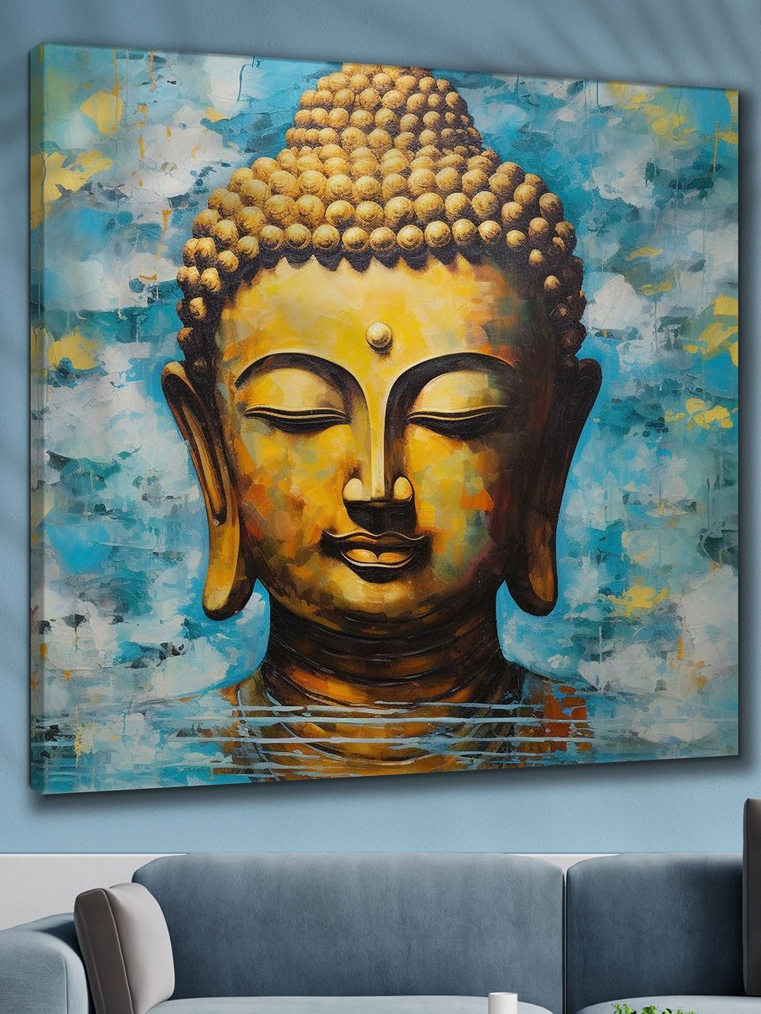 

SAF Blue & Beige Wooden Framed Lord Buddha Canvas Painting Wall Art