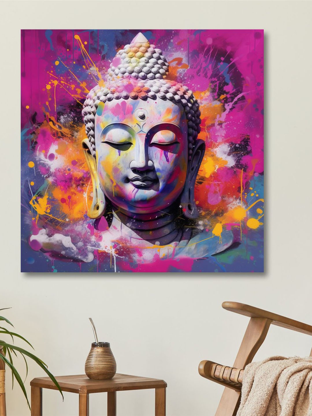 

SAF Pink & Grey Wooden Framedlord Buddha Canvas Wall Art