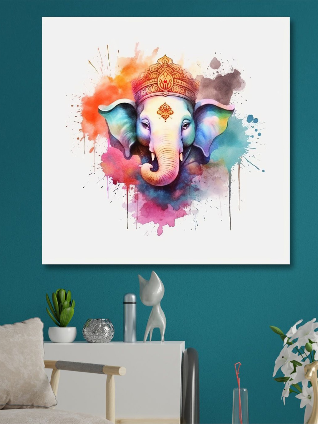 

SAF Blue & Orange Wooden Framed Lord Ganesha Canvas Painting Wall Art