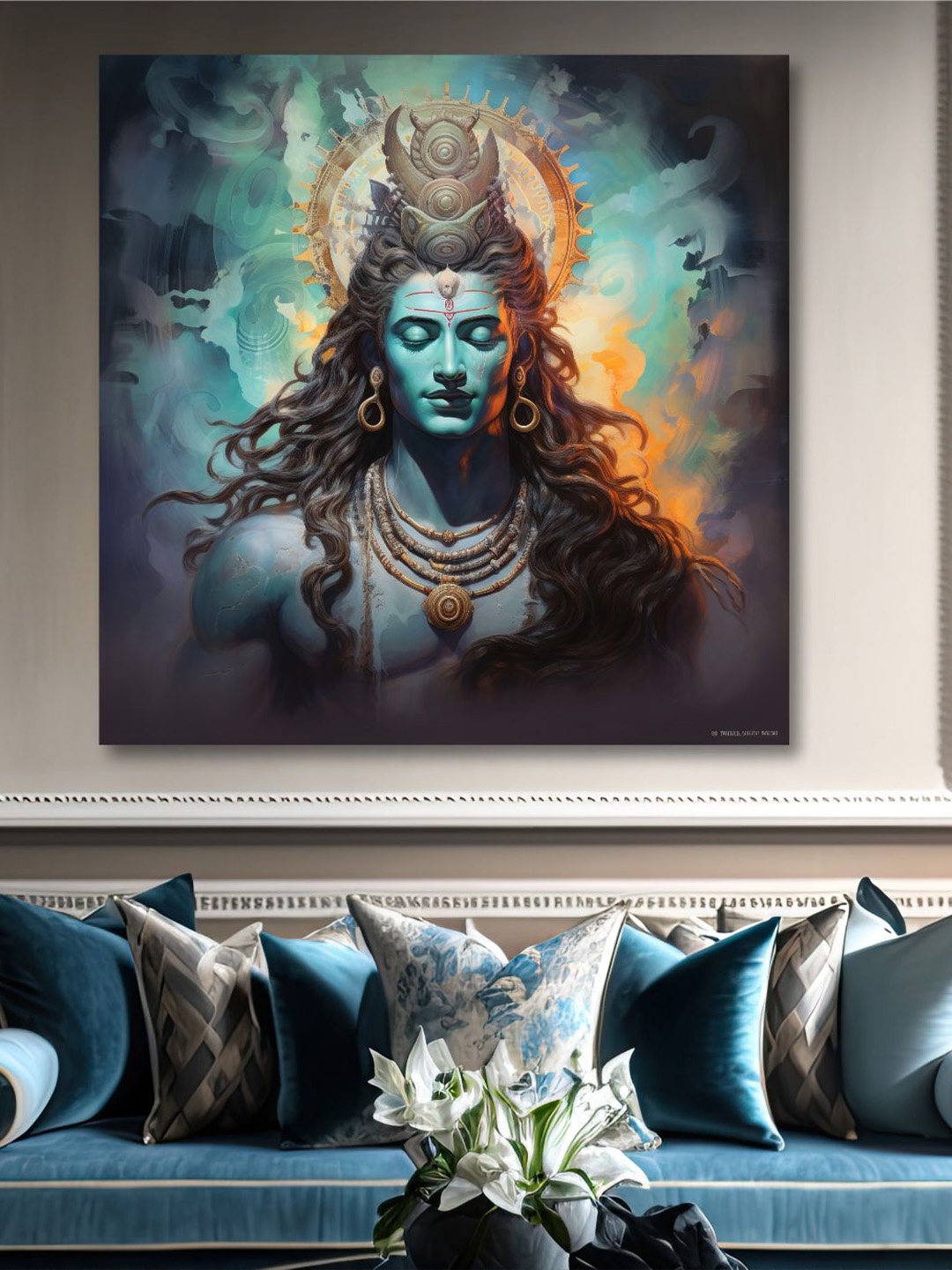 

SAF Blue & Orange Wooden Framed Lord Shiva Canvas Wall Art