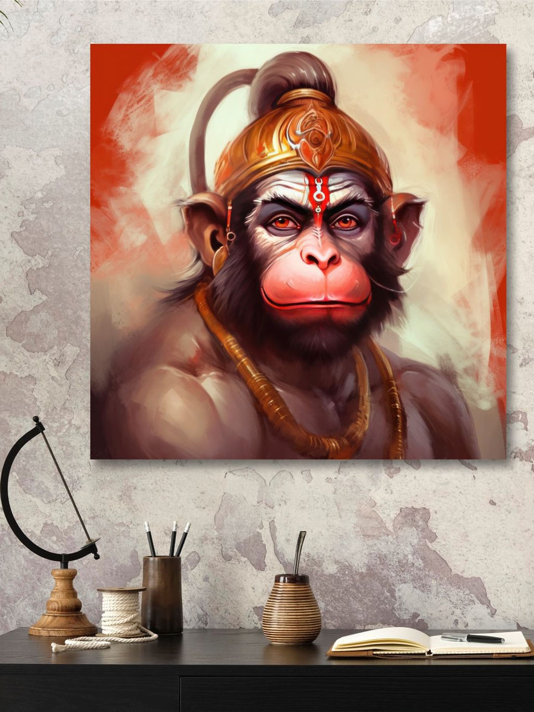 

SAF Wooden Framed Lord Hanuman Art Canvas Painting Wall Art, Brown