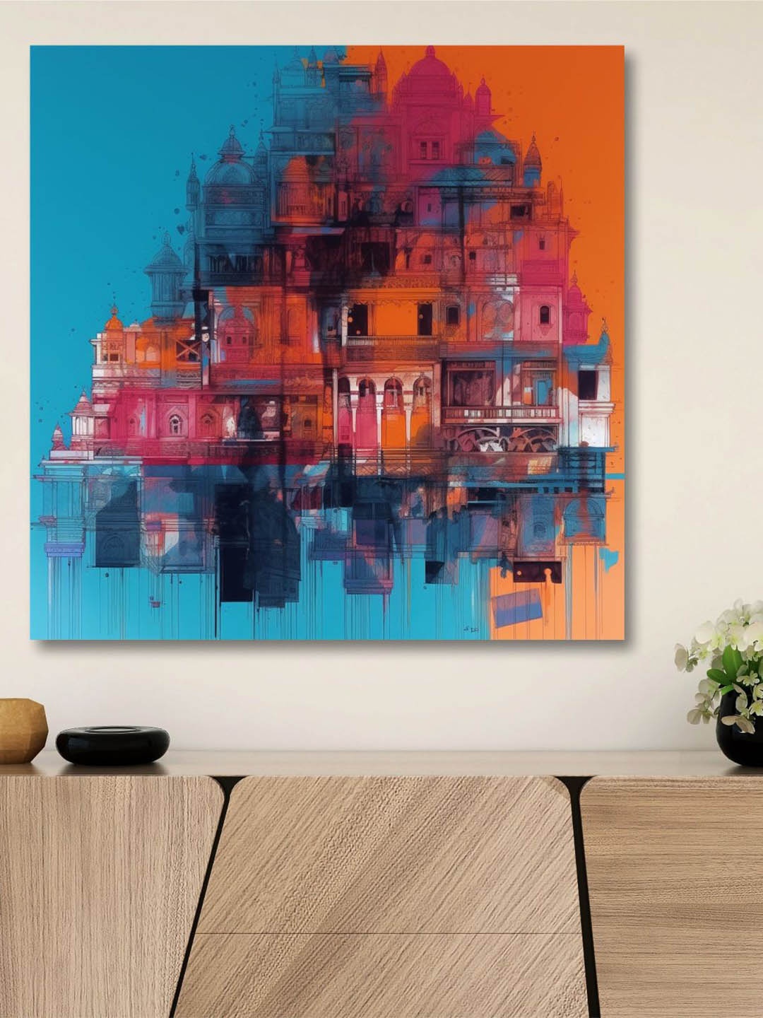 

SAF Blue & Red Wooden Framed Vintage City Canvas Wall Art