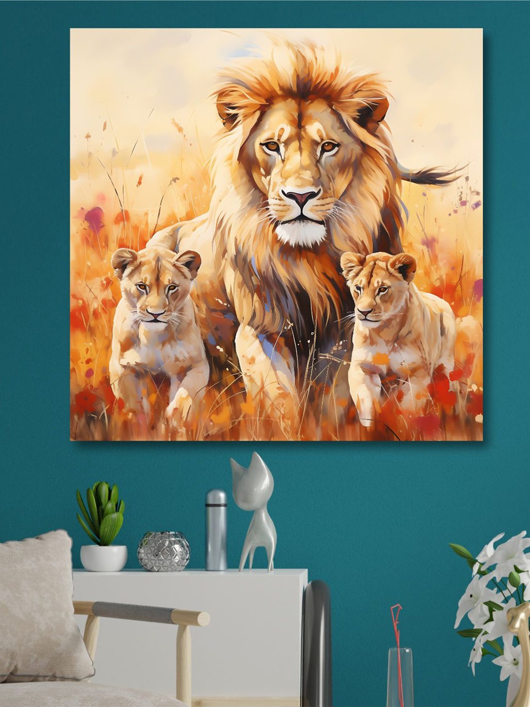 

SAF Orange & White Wooden Framed Loin Family Canvas Wall Art