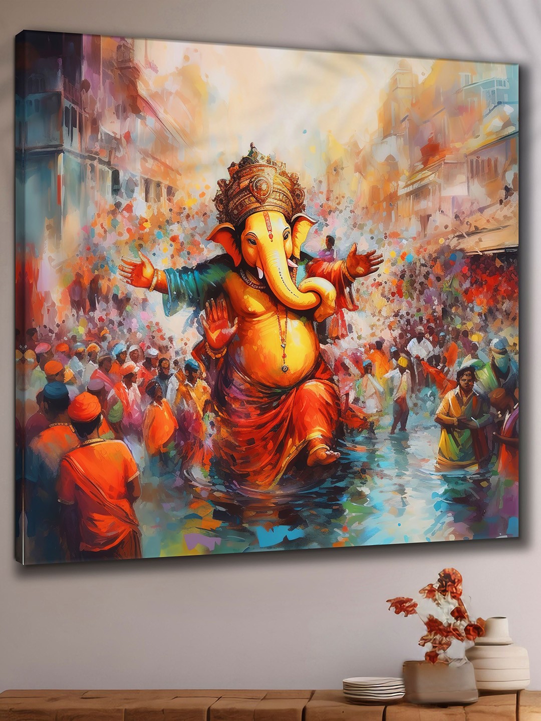 

SAF Yellow & Red Wooden Framed Lord Ganesha Art Canvas Painting Wall Art