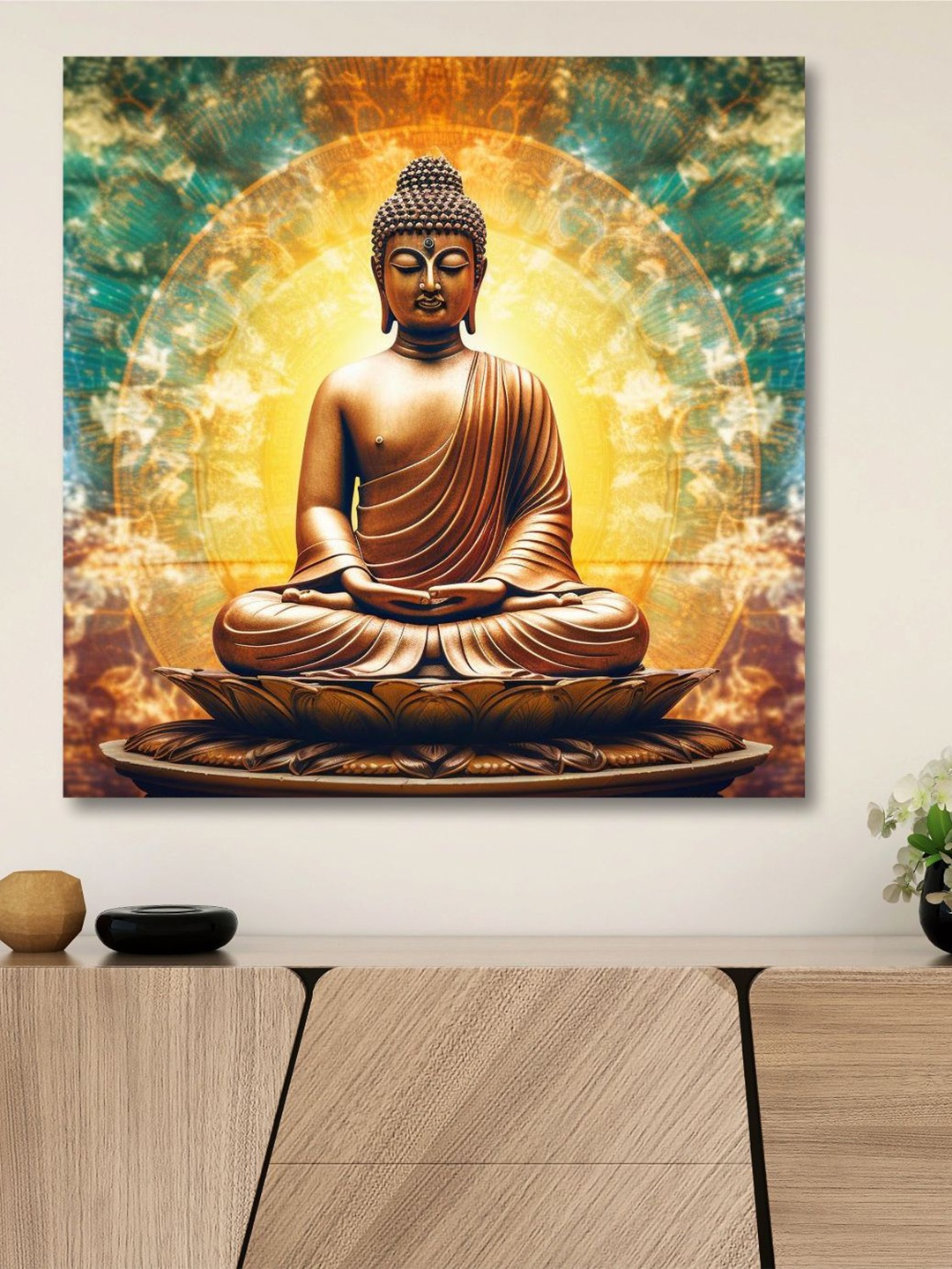 

SAF Yellow & Gold Toned Wooden Framed Lord Buddha Art Canvas Painting Wall Art