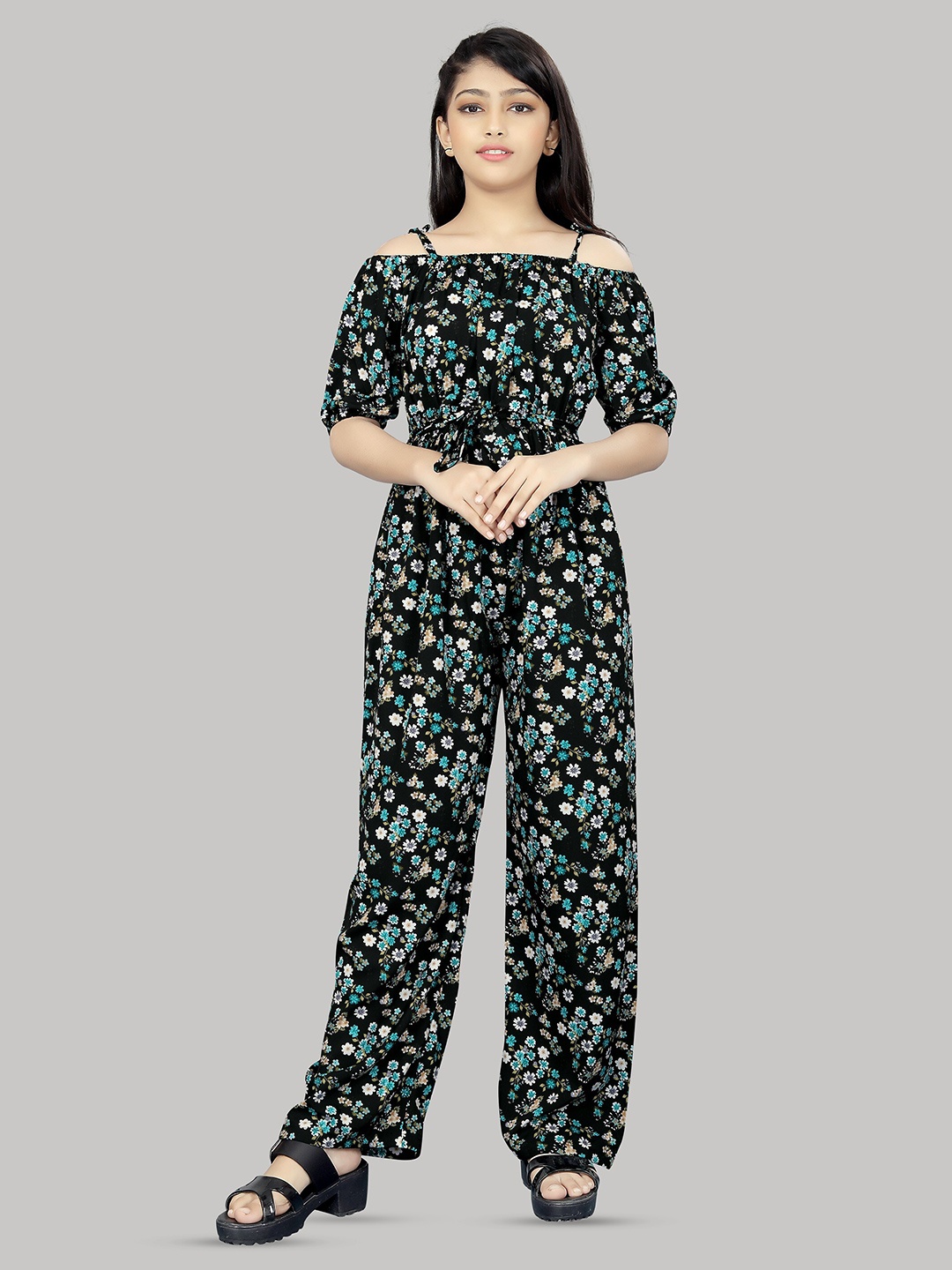 

R K MANIYAR Girls Printed Basic Jumpsuit, Black