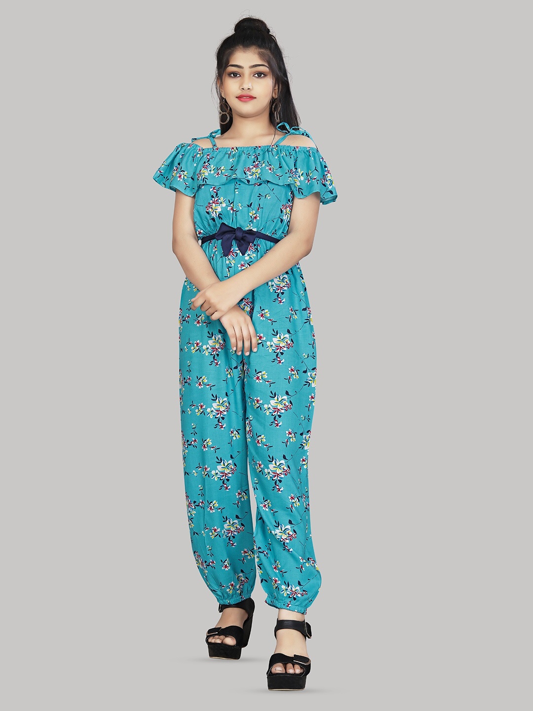 

R K MANIYAR Girls Printed Shoulder Straps Waist Tie-Ups Basic Jumpsuit, Teal