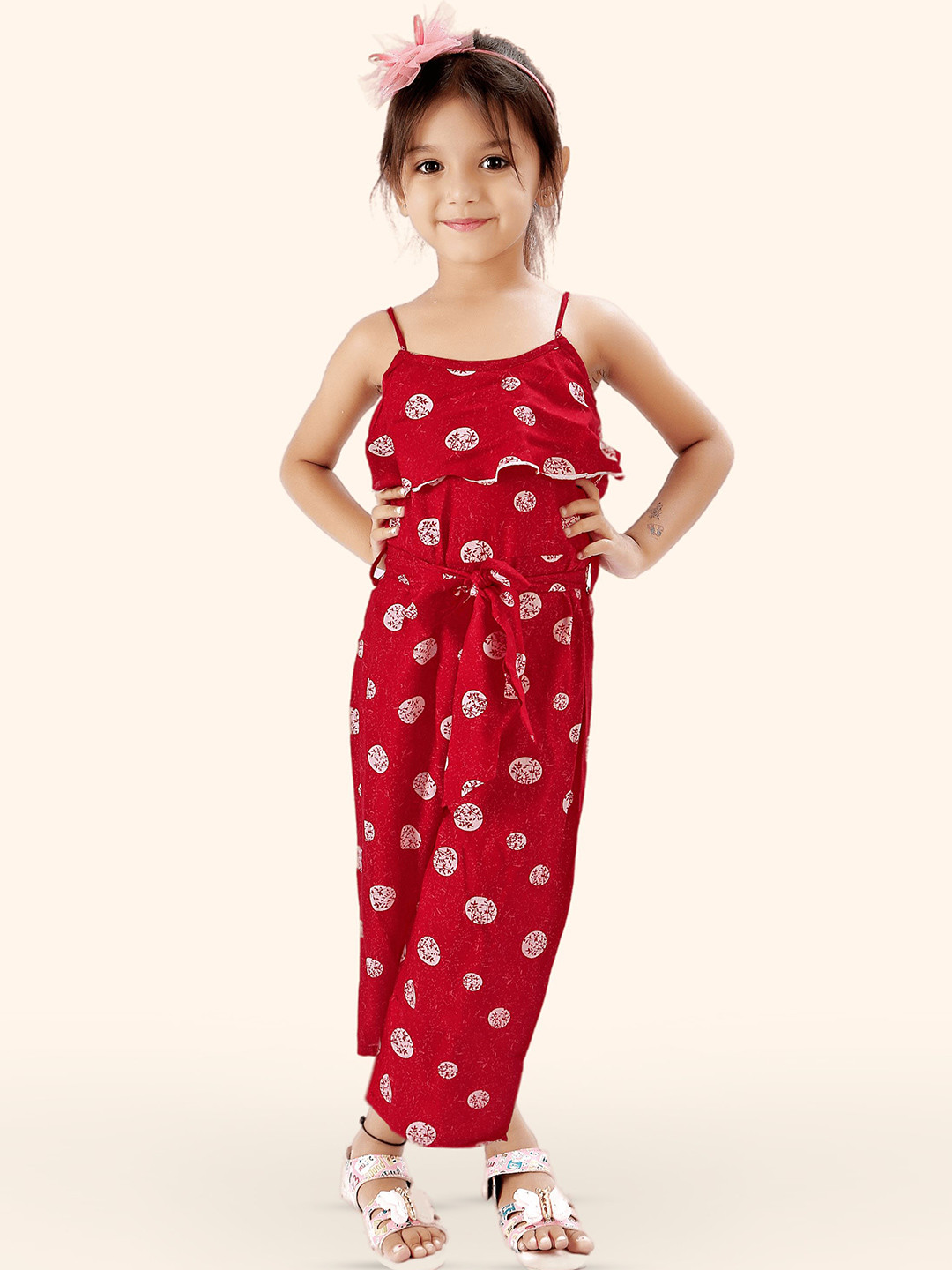 

R K MANIYAR Girls Printed Shoulder Straps Waist Tie-Ups Detail Basic Jumpsuit, Red
