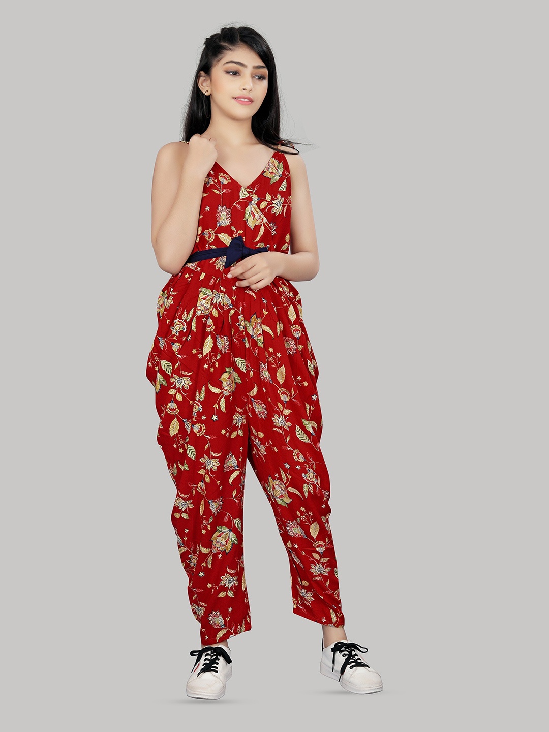 

R K MANIYAR Girls Floral Printed Waist Tie-Ups Basic Jumpsuit, Red