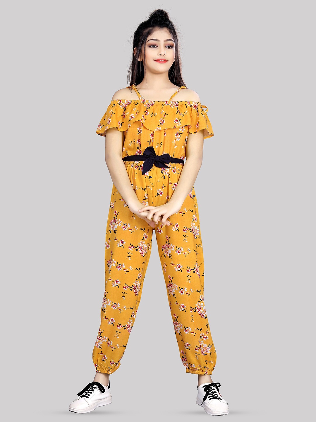 

R K MANIYAR Girls Floral Printed Basic Jumpsuit, Yellow