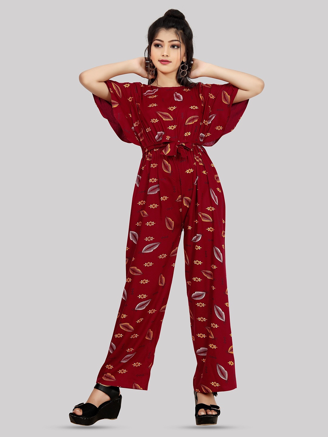 

R K MANIYAR Girls Printed Flared Sleeves Waist Tie-Ups Detail Basic Jumpsuit, Maroon