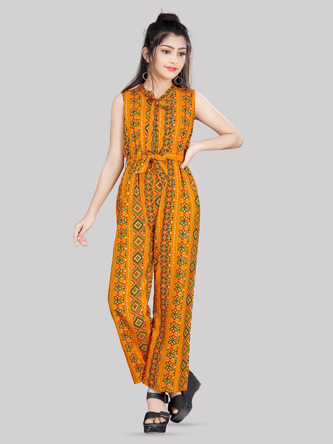 

R K MANIYAR Girls Printed Sleeveless Waist Tie-Ups Basic Jumpsuit, Yellow