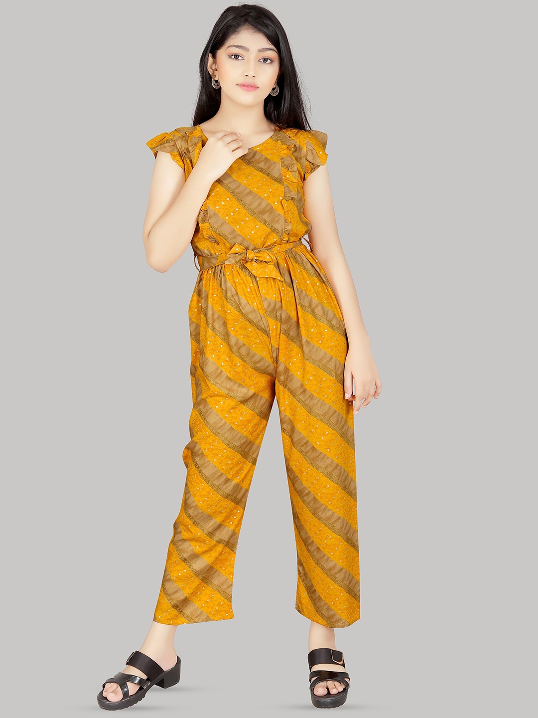 

R K MANIYAR Girls Printed Waist Tie-Ups Basic Jumpsuit, Yellow