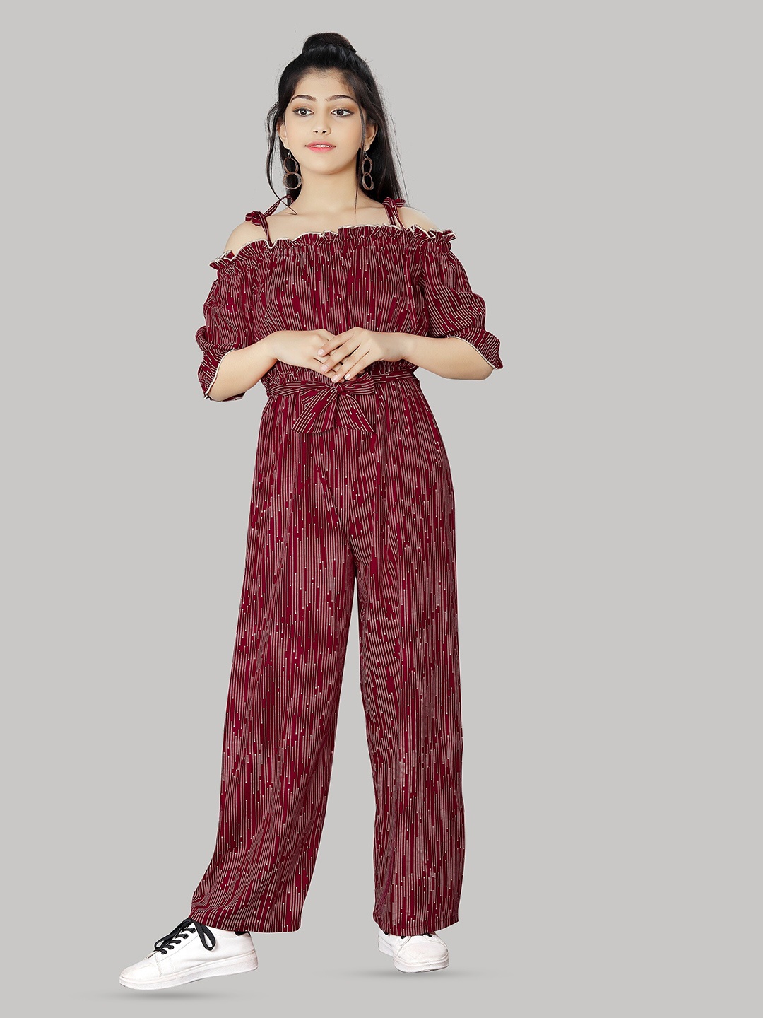 

R K MANIYAR Girls Striped Waist Tie-Ups Basic Jumpsuit, Maroon