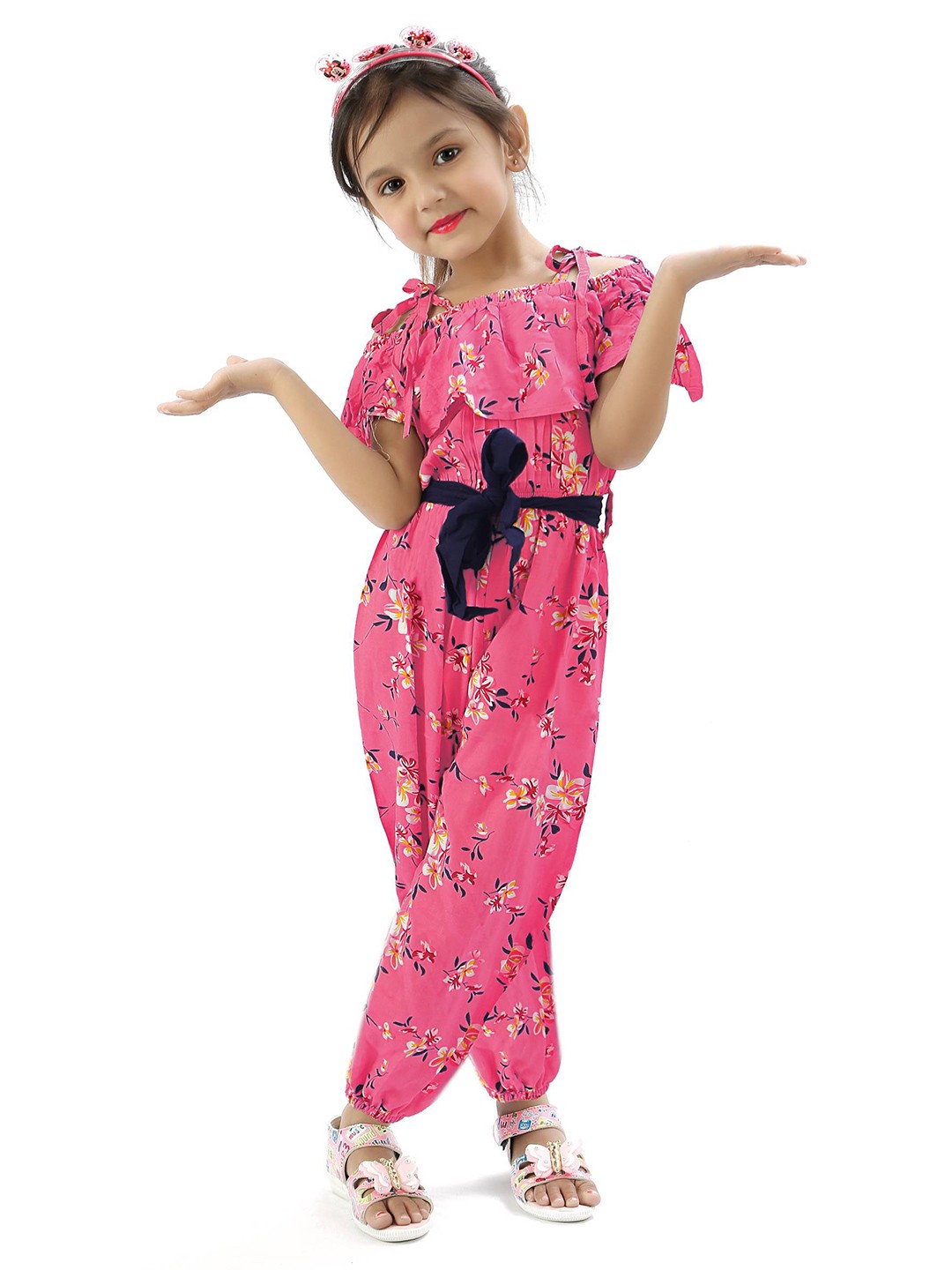 

R K MANIYAR Girls Printed Shoulder Straps Waist Tie-Ups Detail Basic Jumpsuit, Pink