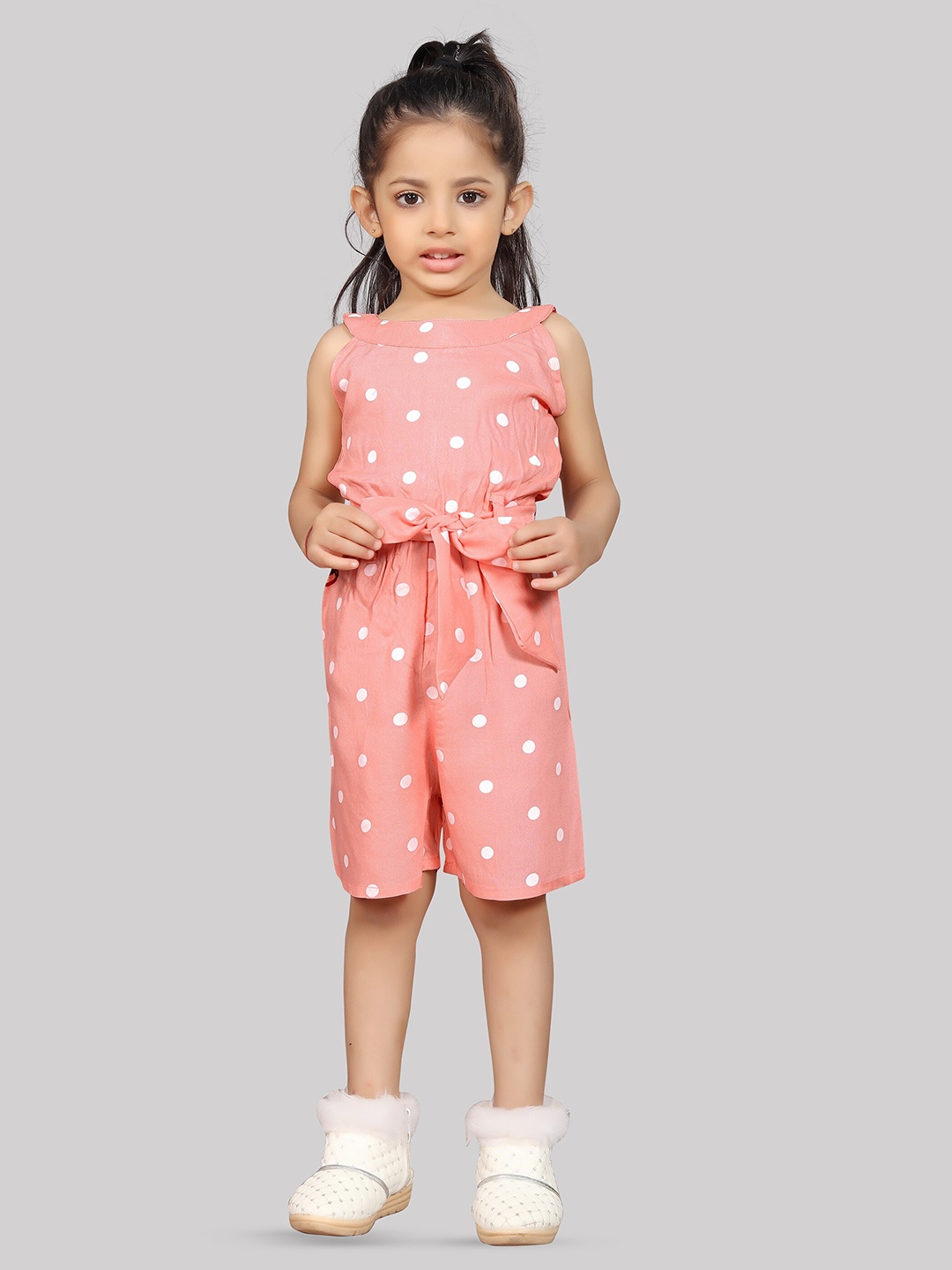 

R K MANIYAR Girls Polka Dots Printed Waist Tie-Ups Playsuit Jumpsuit, Pink