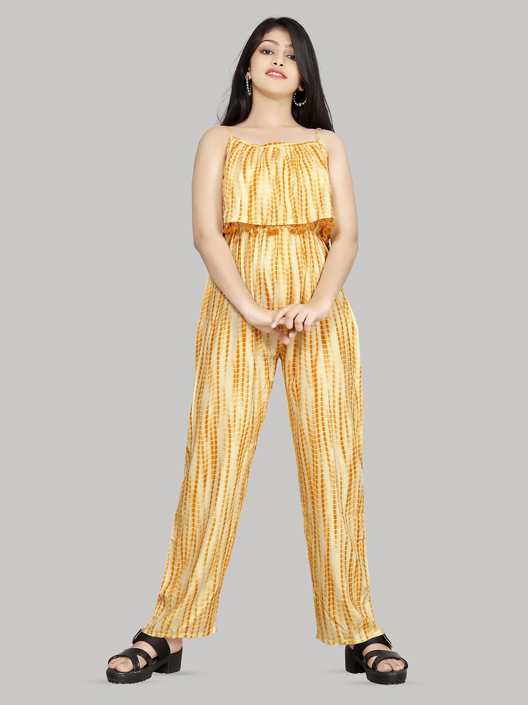

R K MANIYAR Girls Striped Printed Shoulder Straps Basic Jumpsuit With Ruffles, Yellow