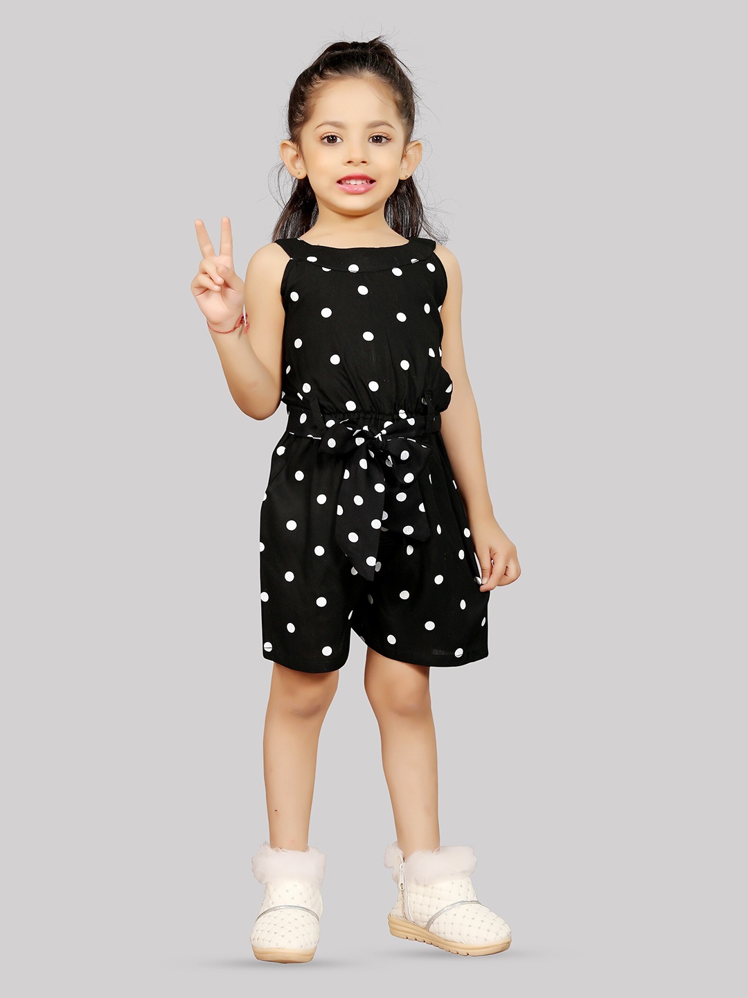 

R K MANIYAR Girls Polka Dot Printed Sleeveless Waist Tie-Ups Detail Playsuit, Black