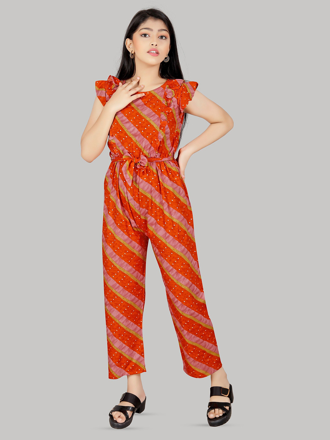 

R K MANIYAR Girls Printed Waist Tie-Ups & Ruffles Detail Basic Jumpsuit, Red