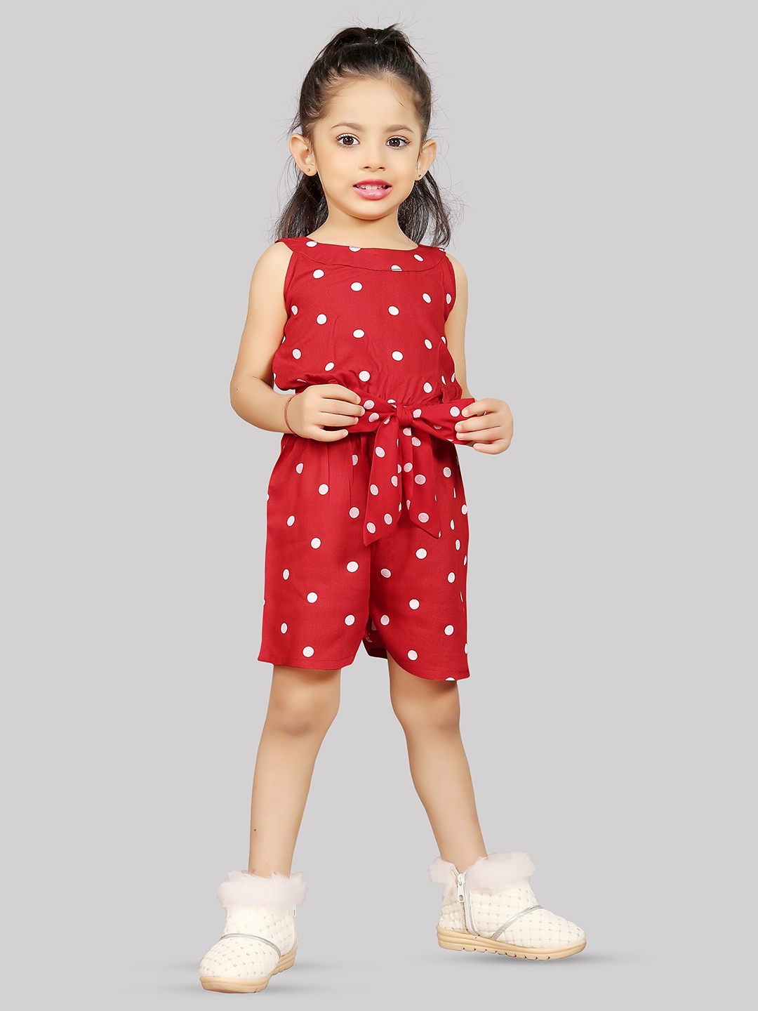 

R K MANIYAR Girls Polka Dots Printed Waist Tie-Ups Playsuit Jumpsuit, Red