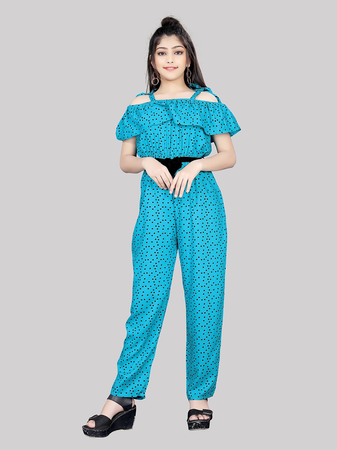 

R K MANIYAR Girls Polka Dots Printed Cold-Shoulder Sleeves Basic Jumpsuit, Blue