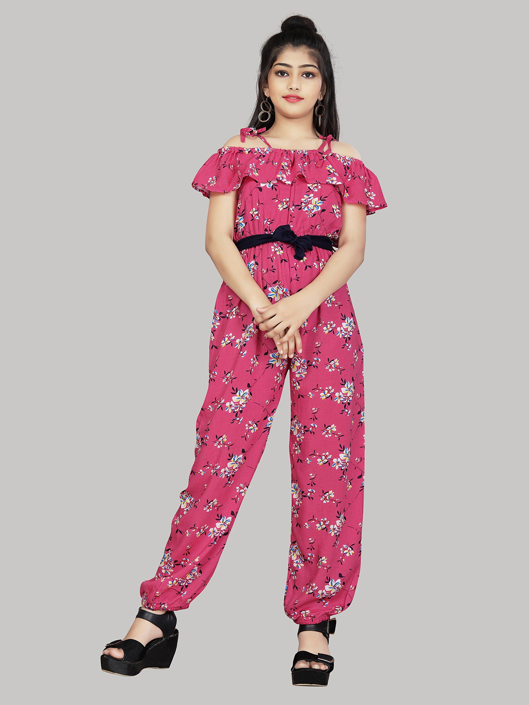 

R K MANIYAR Girls Floral Printed Basic Jumpsuit, Pink