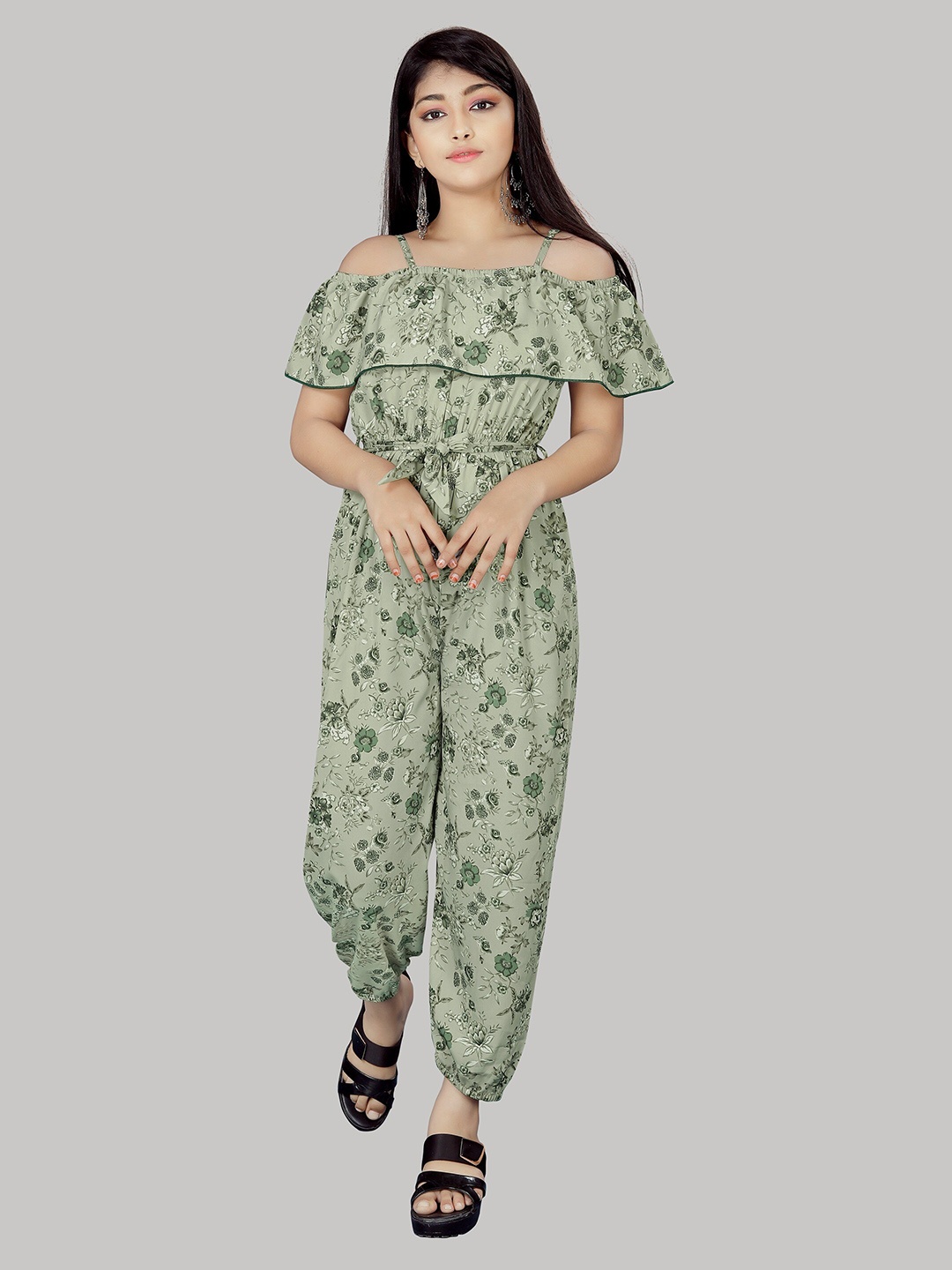 

R K MANIYAR Girls Printed Waist Tie-Ups Basic Jumpsuit, Green