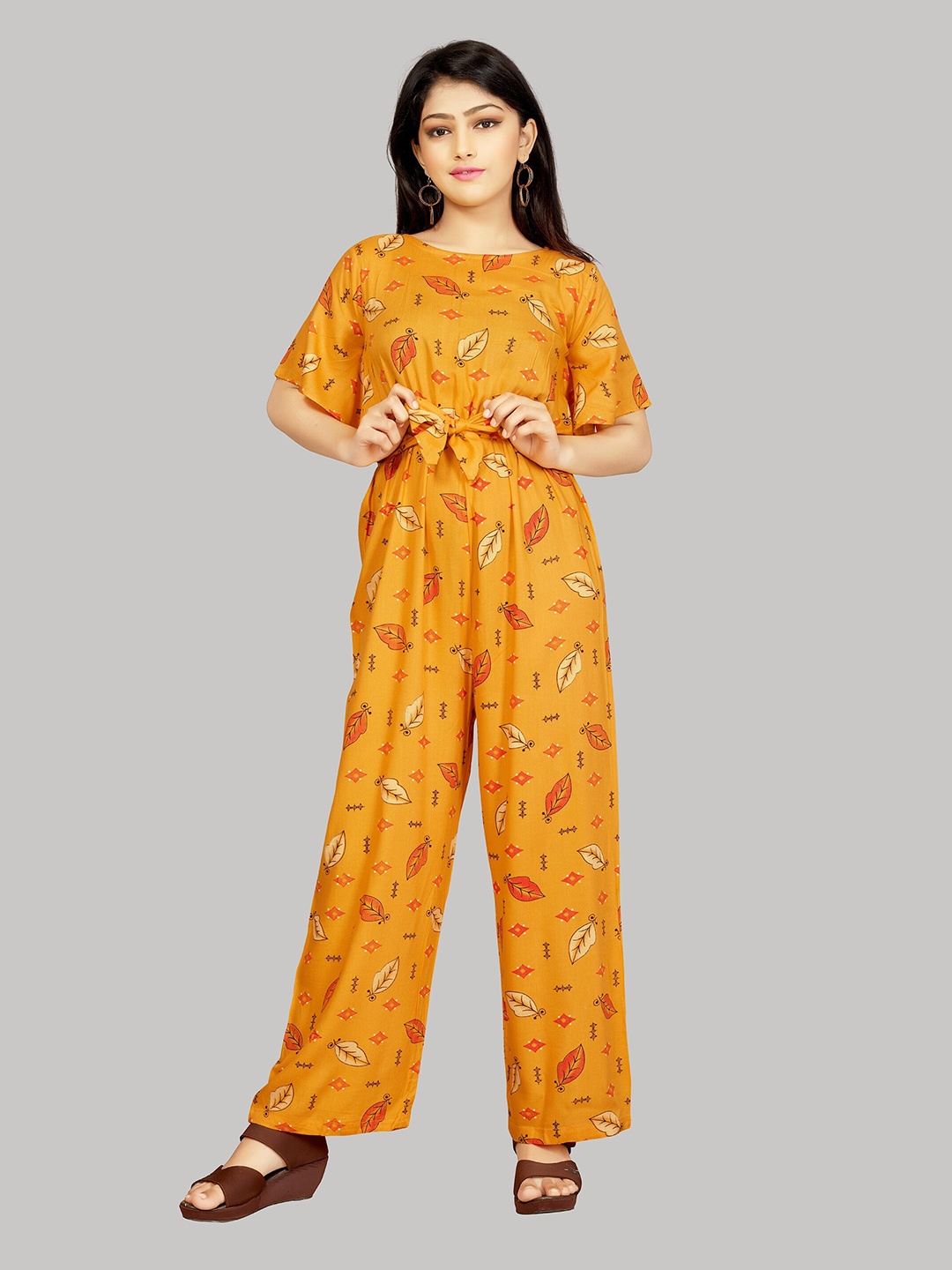 

R K MANIYAR Girls Printed Waist Tie-Ups Basic Jumpsuit, Yellow