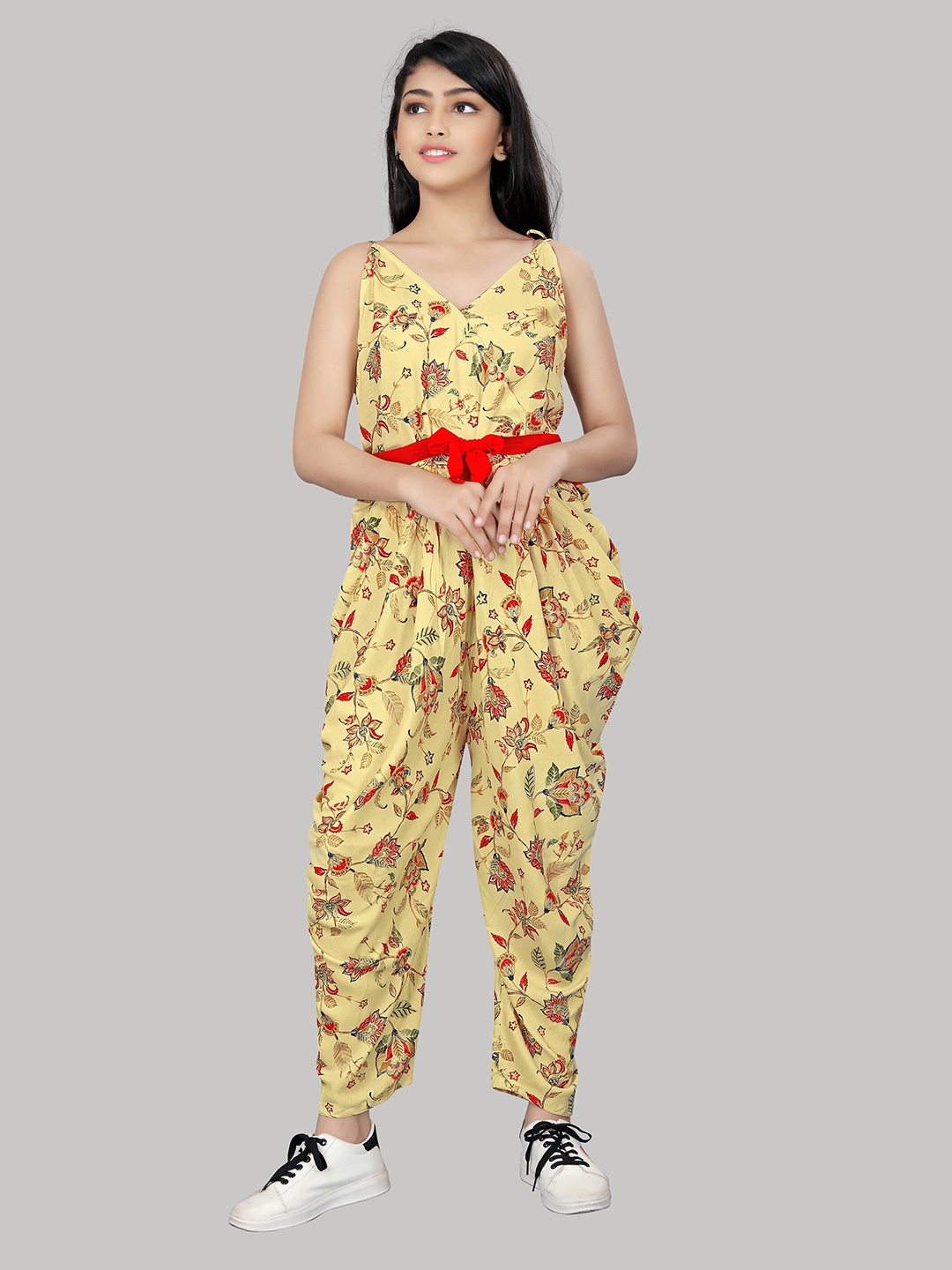 

R K MANIYAR Girls Printed Waist Tie-Ups Basic Jumpsuit, Yellow