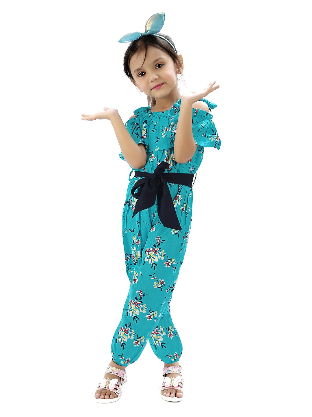 

R K MANIYAR Girls Floral Printed Waist Tie-Ups Basic Jumpsuit, Blue