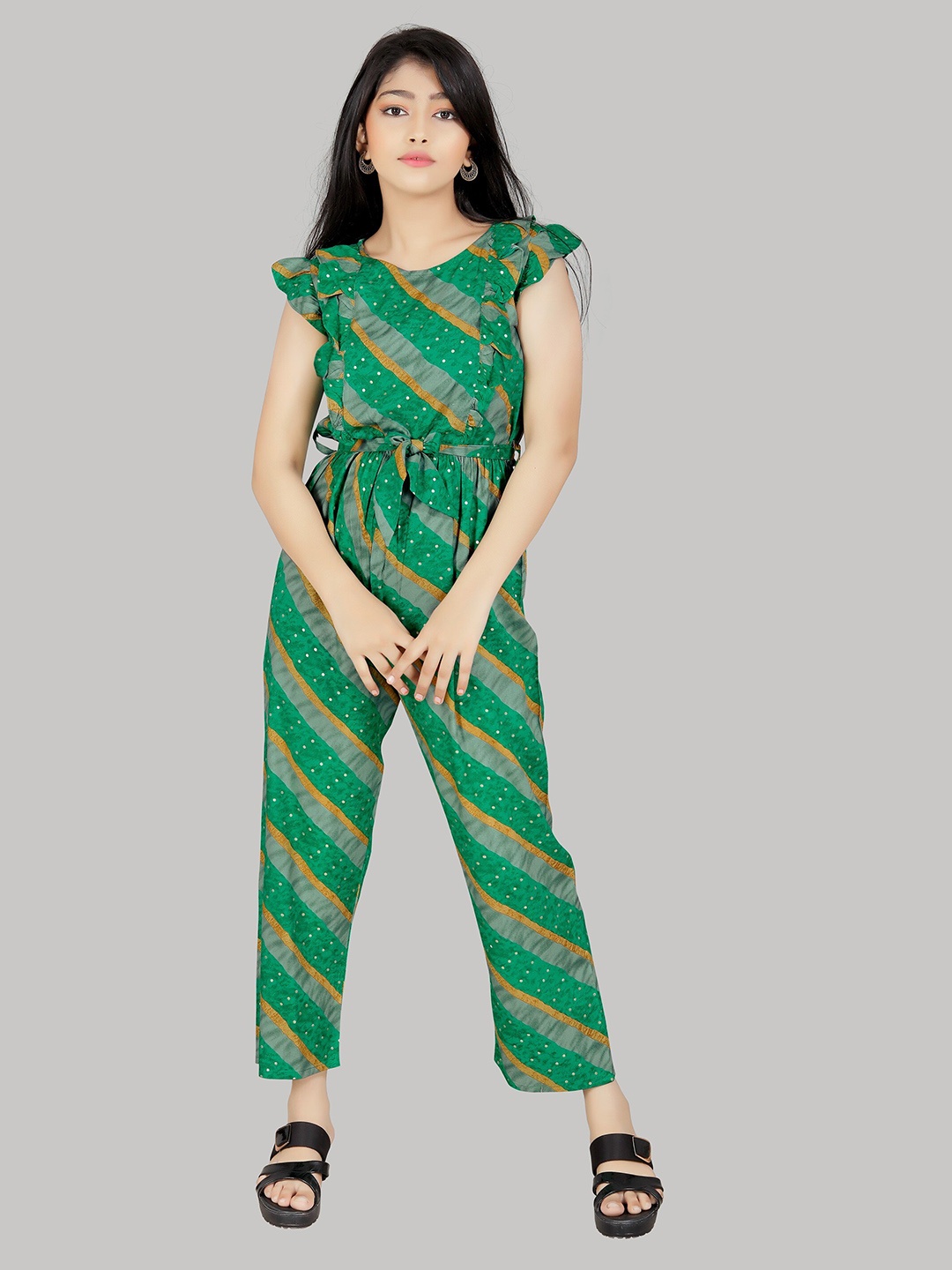 

R K MANIYAR Girls Printed Waist Tie-Ups Basic Jumpsuit, Green