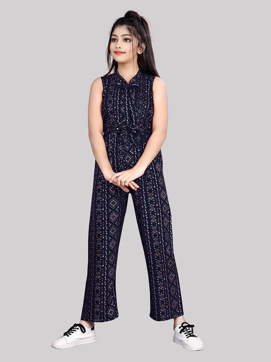 

R K MANIYAR Girls Bandhani Printed Basic Jumpsuit, Navy blue