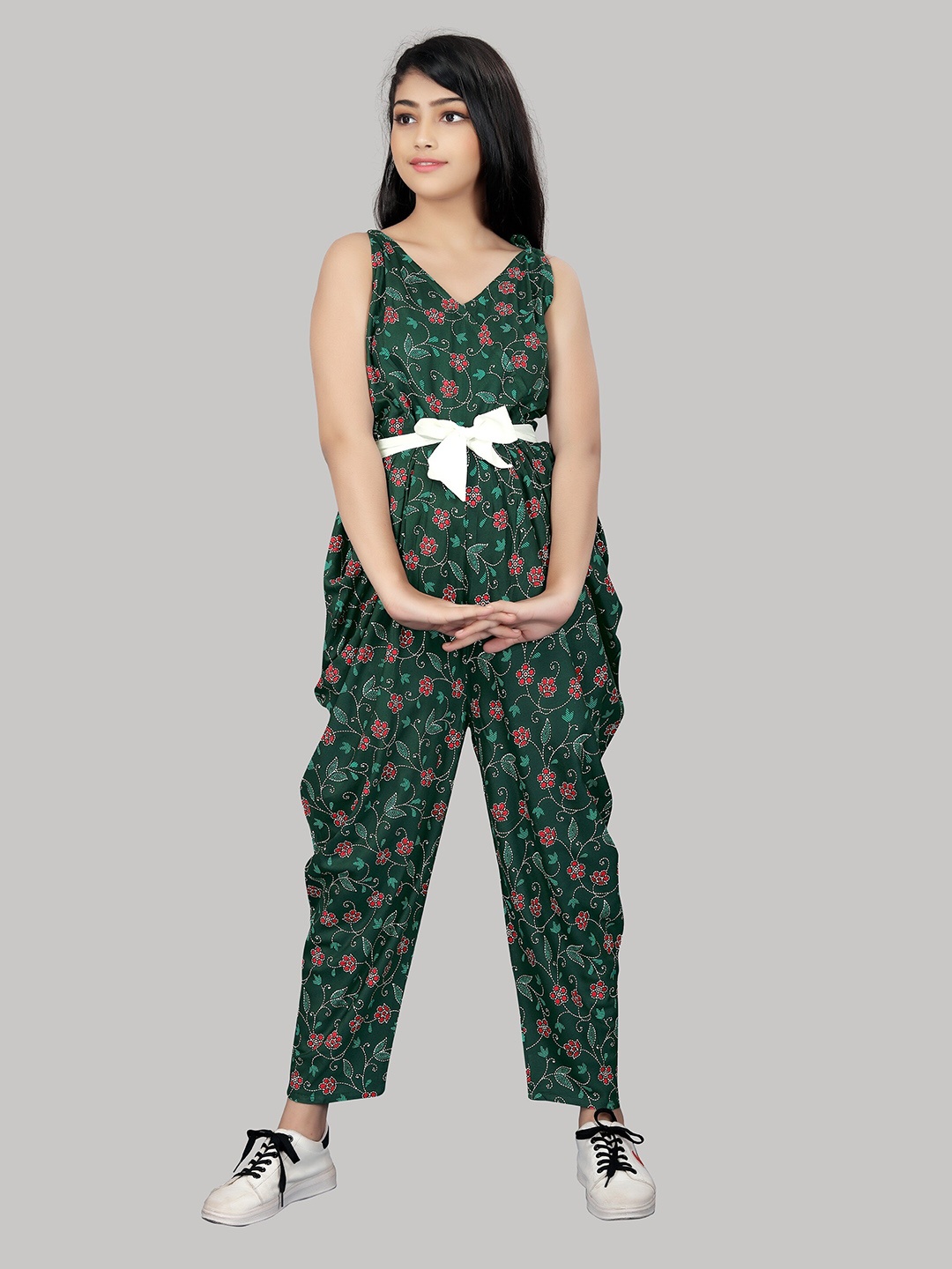 

R K MANIYAR Girls Printed Waist Tie-Ups Basic Jumpsuit, Green